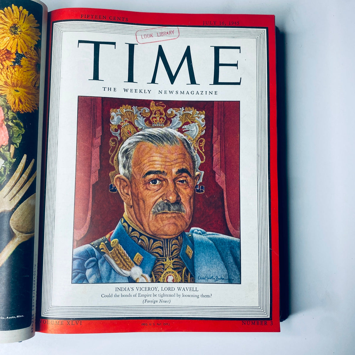 Cover of Time Magazine July 16, 1945, featuring Lord Wavell, Viceroy of India, from the Time Magazine Library Bound July 2, 1945 - September 24, 1945 Red X Japan collection.