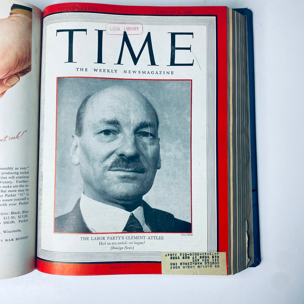 Cover of Time Magazine August 6, 1945, showcasing Clement Attlee, New Prime Minister of the United Kingdom, as part of the Time Magazine Library Bound July 2, 1945 - September 24, 1945 Red X Japan collection.