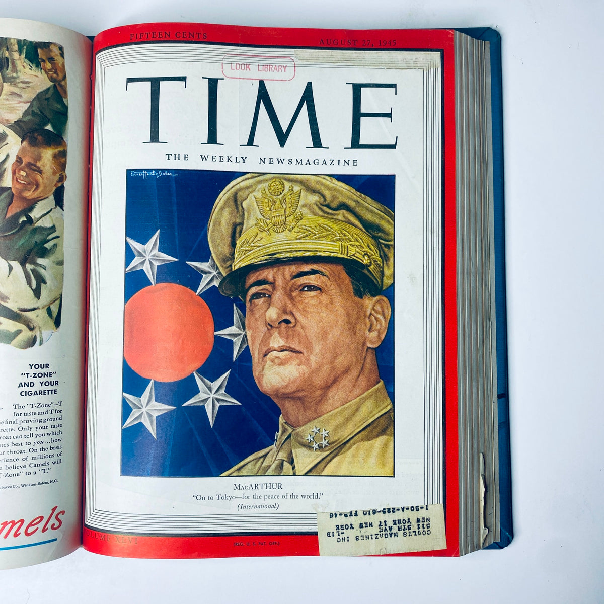 Cover of Time Magazine from August 27, 1945, showcasing General Douglas MacArthur and the title 'Time Magazine Library Bound July 2, 1945 - September 24, 1945 Red X Japan'.