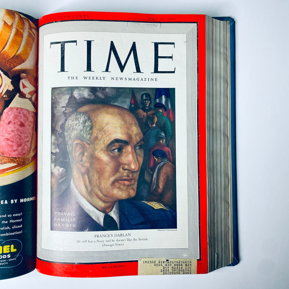 Time Magazine Library Bound April 7 to May 26, 1941 cover featuring Frances Darlan, highlighting military leadership amidst World War II and U.S. involvement.