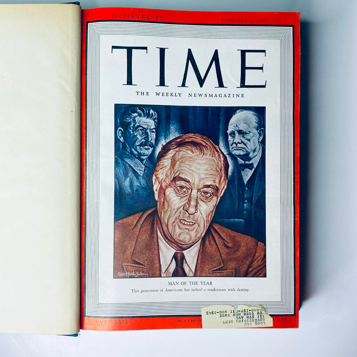 Opening page of Time Magazine Library Bound Weekly January 5, 1942 - March 30, 1942, displaying the cover featuring Franklin D. Roosevelt as Man of the Year.