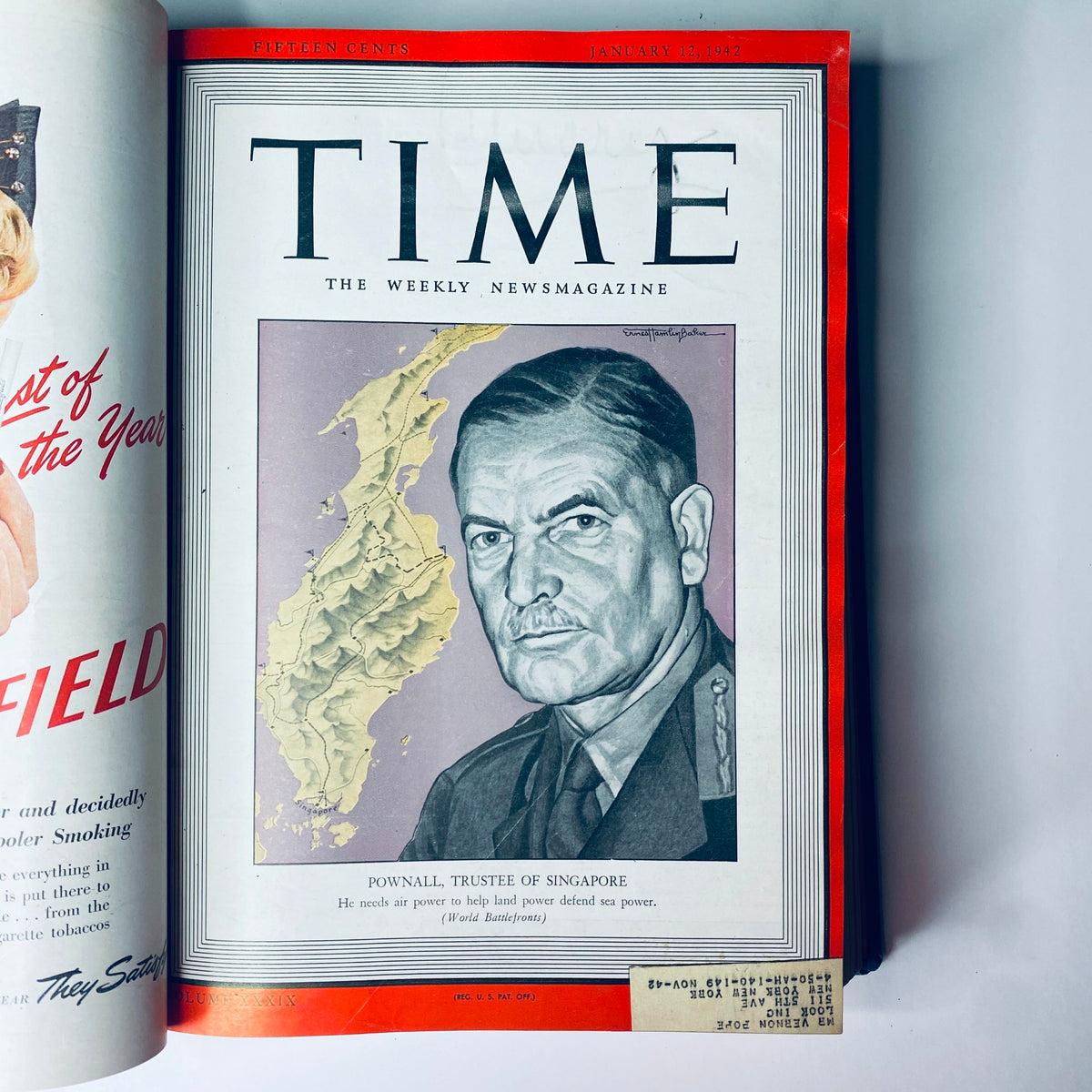 Cover of Time Magazine Library Bound Weekly January 5, 1942 - March 30, 1942 featuring Admiral Geoffrey Pownall, Trustee of Singapore, with a backdrop of Singapore's map.
