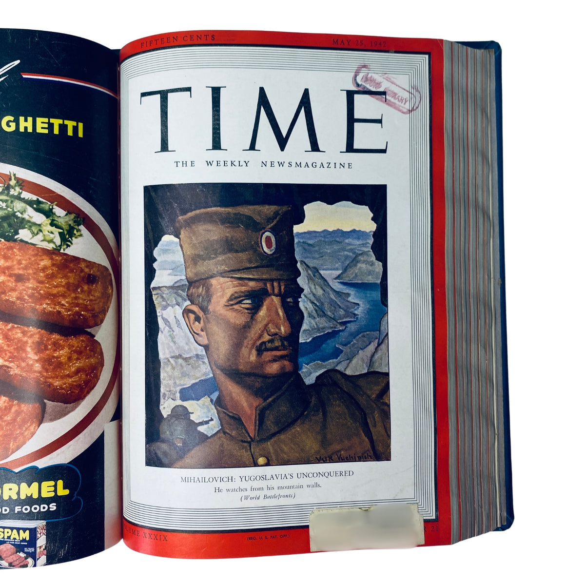 Cover of Time Magazine featuring 'Mihailovich: Yugoslavia's Unconquered' from May 25, 1942 edition, showcasing artistic depiction of General Draža Mihailović, with mountainous backdrop and original Time branding.