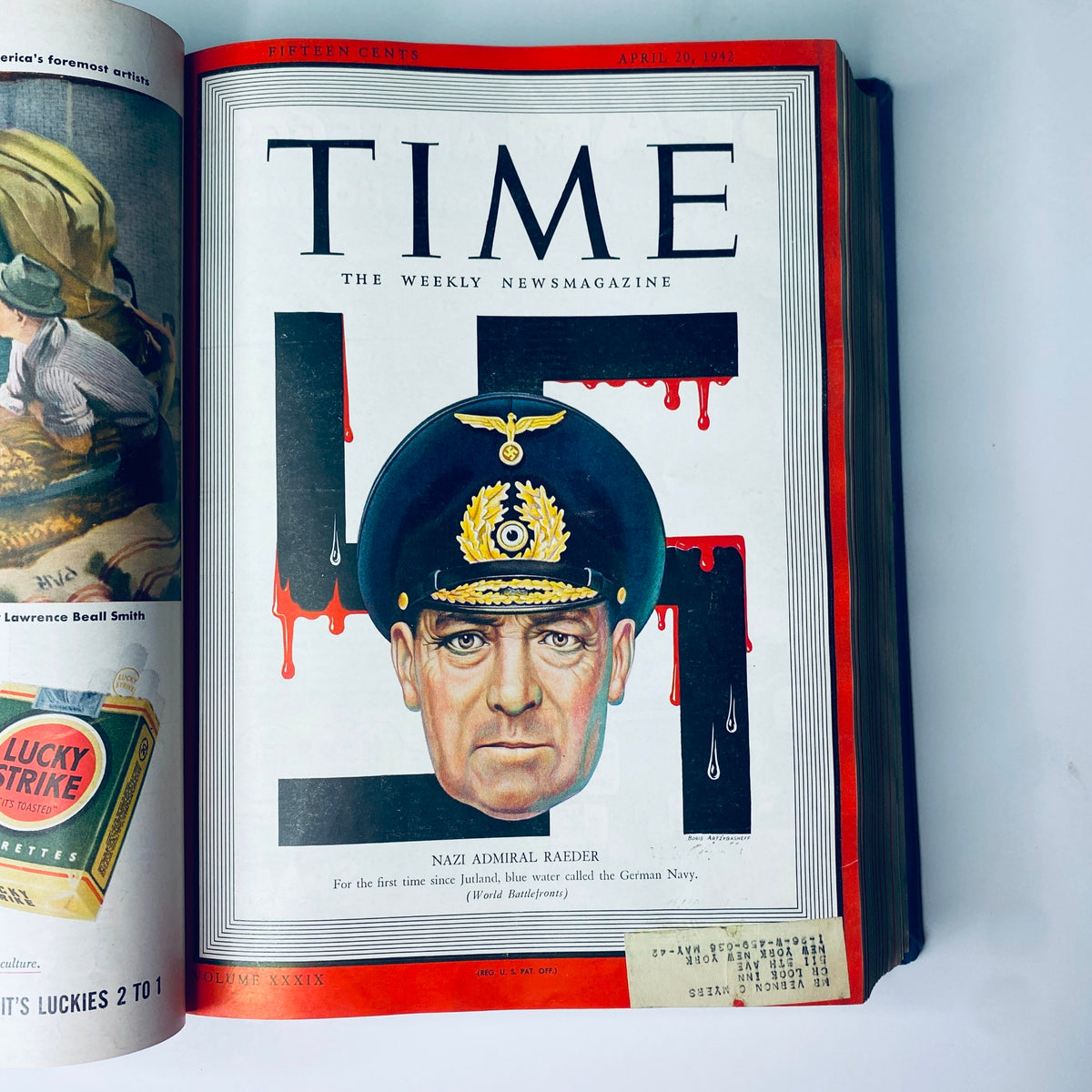 Time Magazine Library Bound Weekly April 6, 1942 - June 29, 1942 cover featuring Nazi Admiral Raeder on the cover, showcasing wartime reporting from World War II.