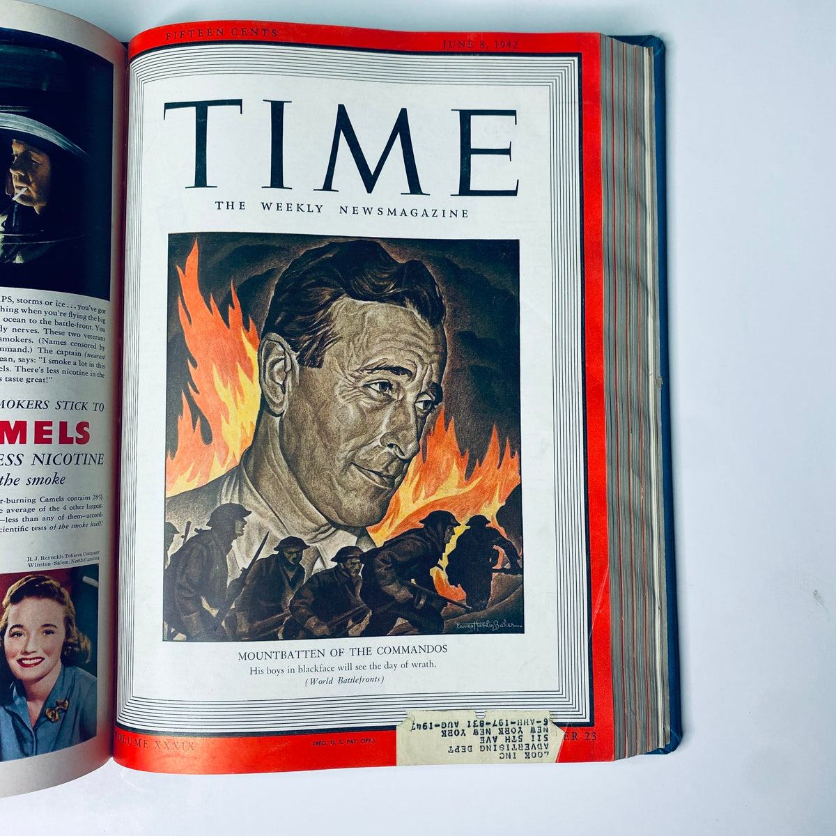 Cover of Time Magazine Library Bound Weekly April 6, 1942 - June 29, 1942 depicting Lord Louis Mountbatten amid flames, emphasizing his role during World War II.