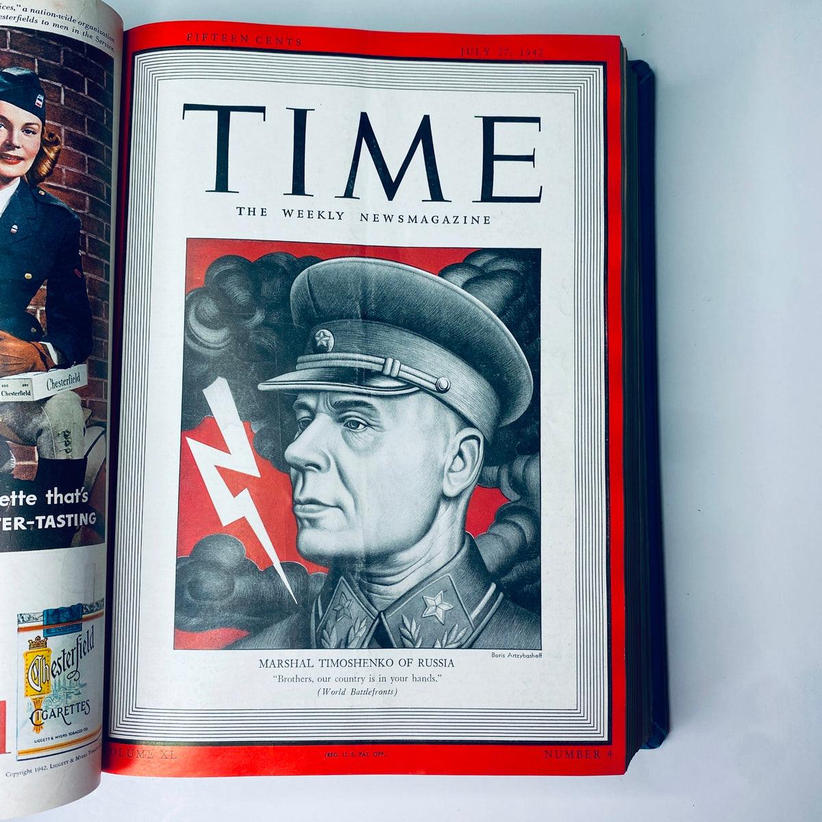 Cover of Time Magazine Library Bound July- Sept 1942 showcasing an illustration of Marshal Timoshenko of Russia, depicting him during World War II with a dramatic expression.
