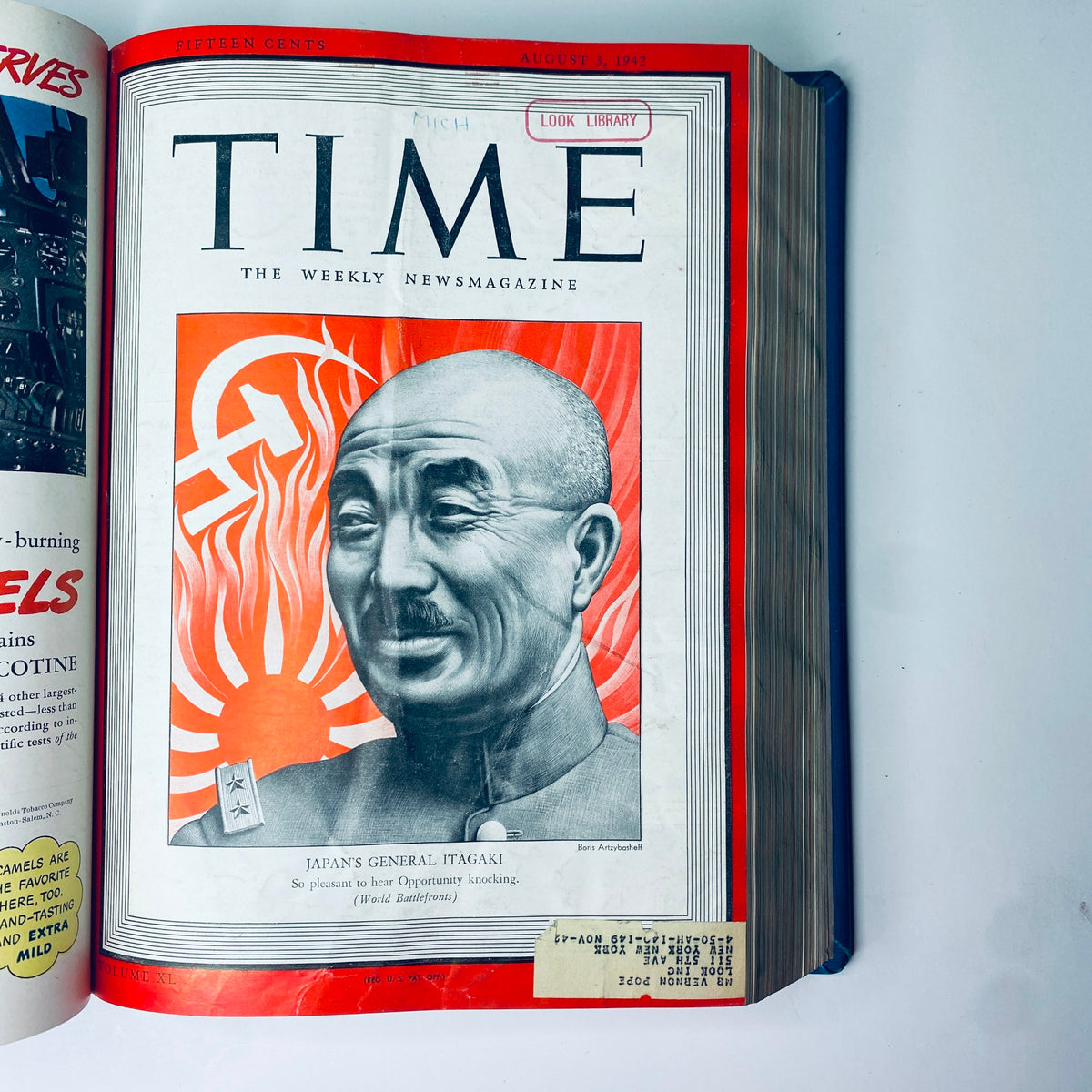 Cover of Time Magazine Library Bound July- Sept 1942 presenting Japan's General Itagaki with a bold red background illustrating wartime tension.