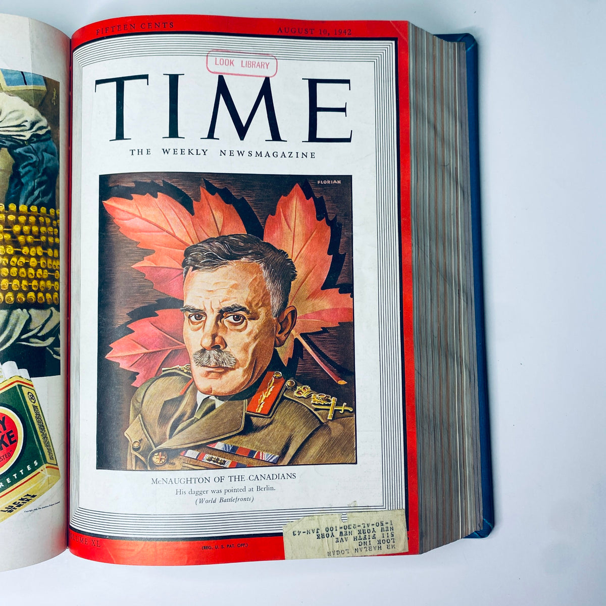 Cover of Time Magazine Library Bound July- Sept 1942 featuring General McNaughton of the Canadian Army surrounded by vibrant autumn leaves, highlighting his military significance.