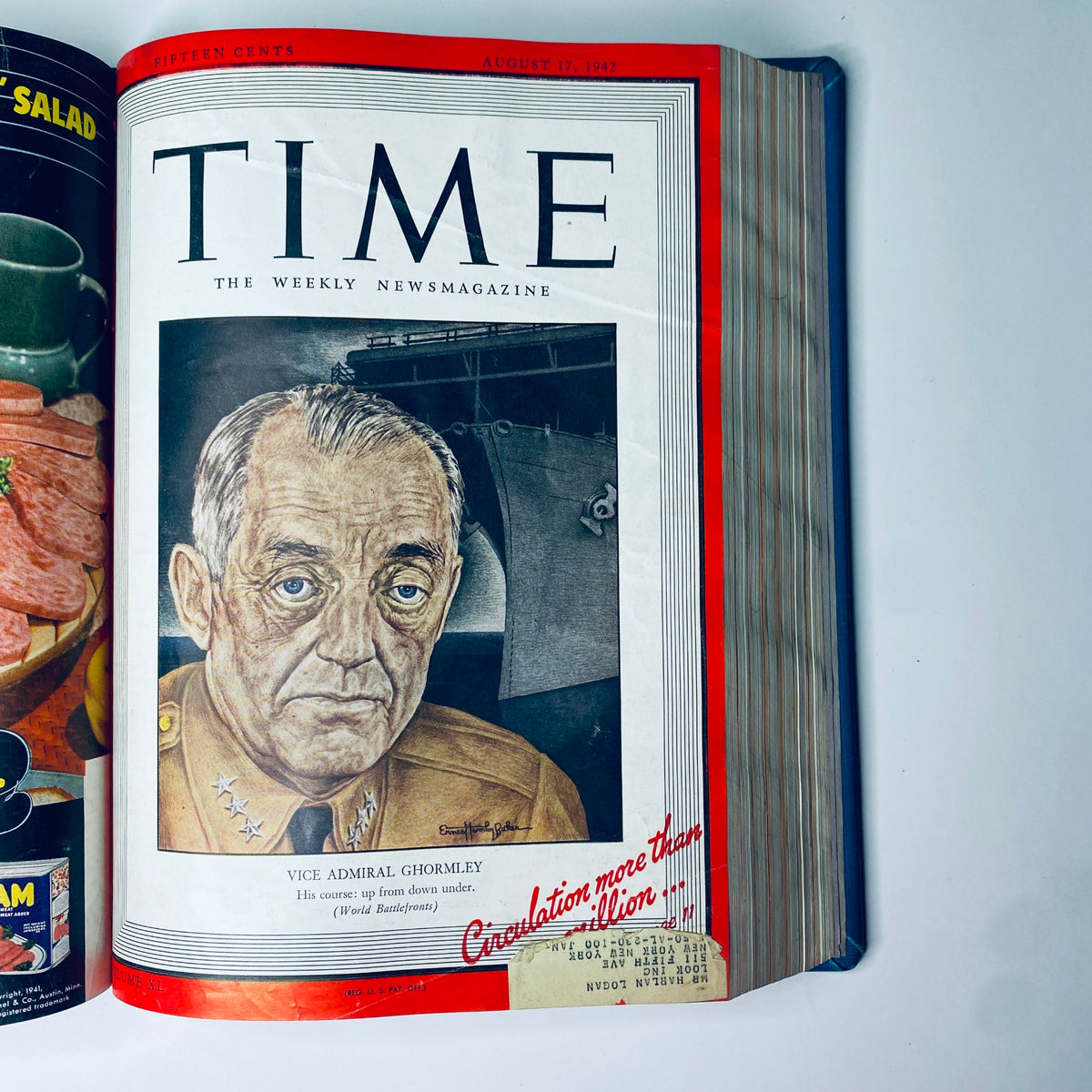 Cover of Time Magazine Library Bound July- Sept 1942 displaying Vice Admiral Ghormley, emphasizing his role in World War II with a military backdrop.