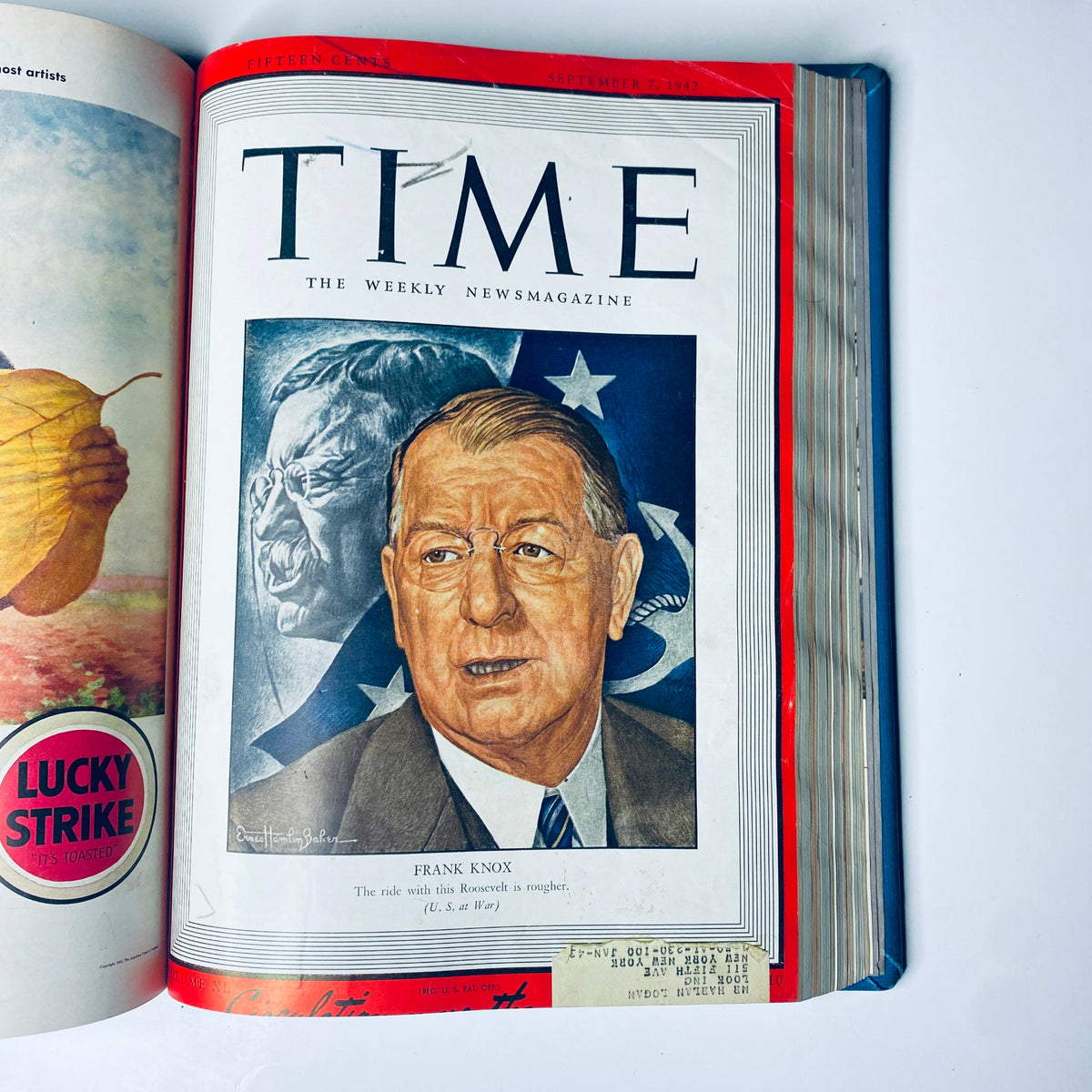 Time Magazine cover featuring Frank Knox, U.S. Secretary of the Navy, from the September 7, 1942 issue. Capturing wartime leadership in American history. Title: Time Magazine Library Bound July- Sept 1942 Dmitri "Fireman" Shostakovich.