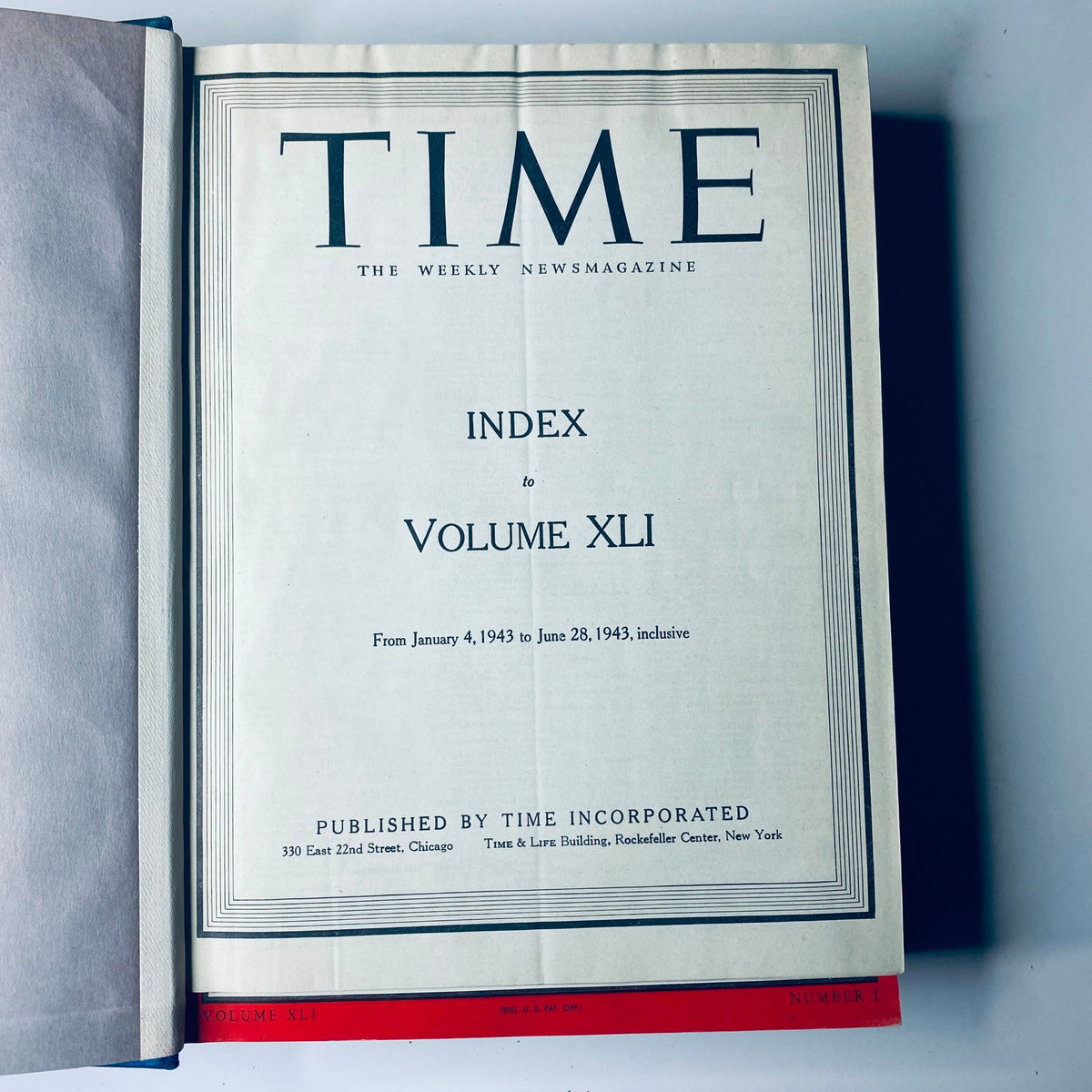 Inside view of Time Magazine showing the index for Volume XLI, covering issues from January 4, 1943, to June 28, 1943.