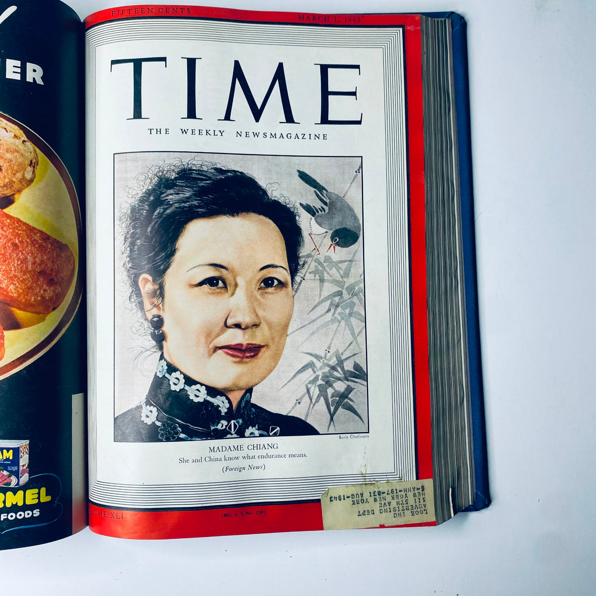 Cover of Time Magazine from March 1, 1943 showcasing Madame Chang, a prominent figure during World War II, with the title 'MADAME CHANG' - part of Time Magazine Library Bound Weekly January 5, 1943 - March 29, 1943.