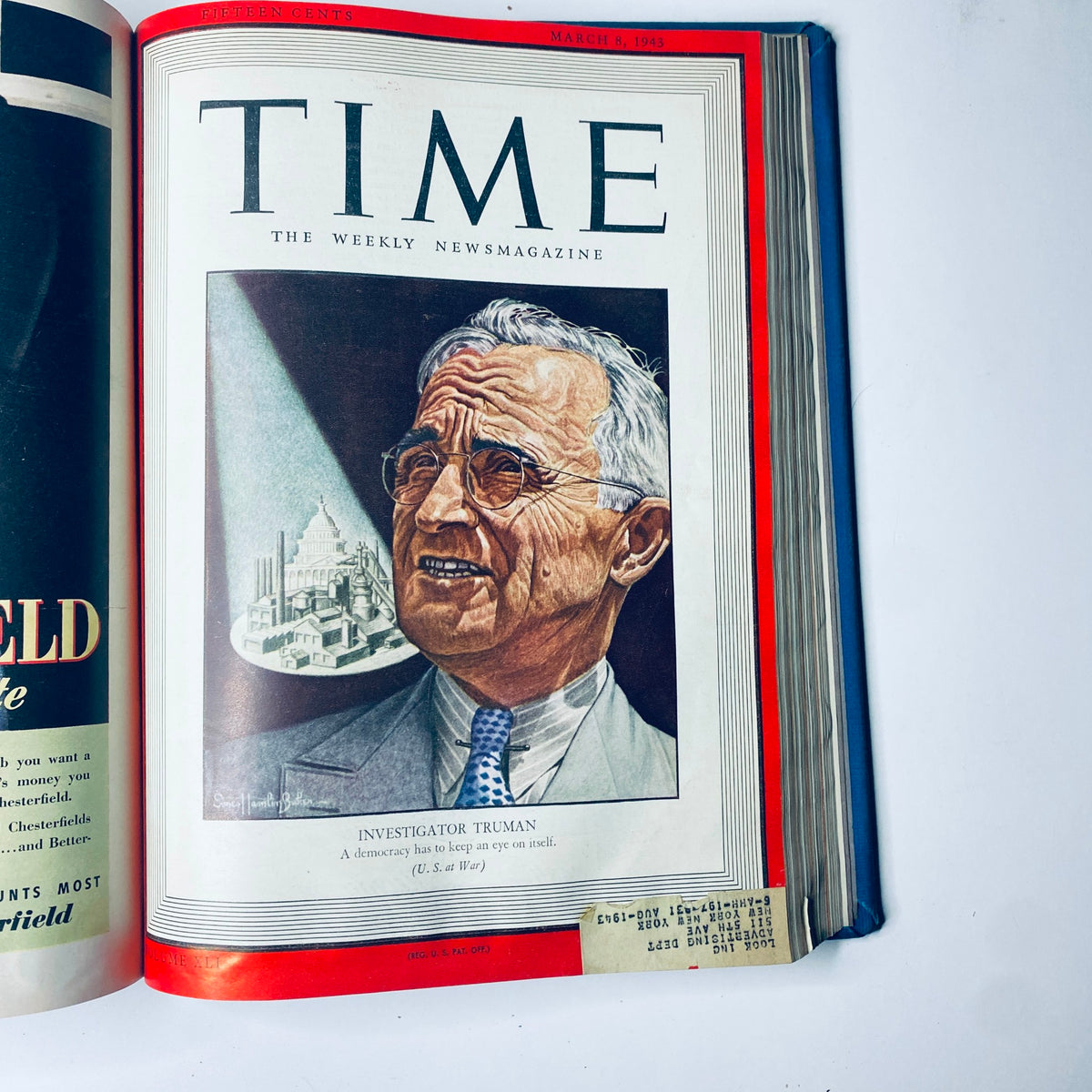 Cover of Time Magazine from March 8, 1943 featuring a portrait of Harry S. Truman, War Investigator, with the title 'INVESTIGATOR TRUMAN' - part of Time Magazine Library Bound Weekly January 5, 1943 - March 29, 1943.