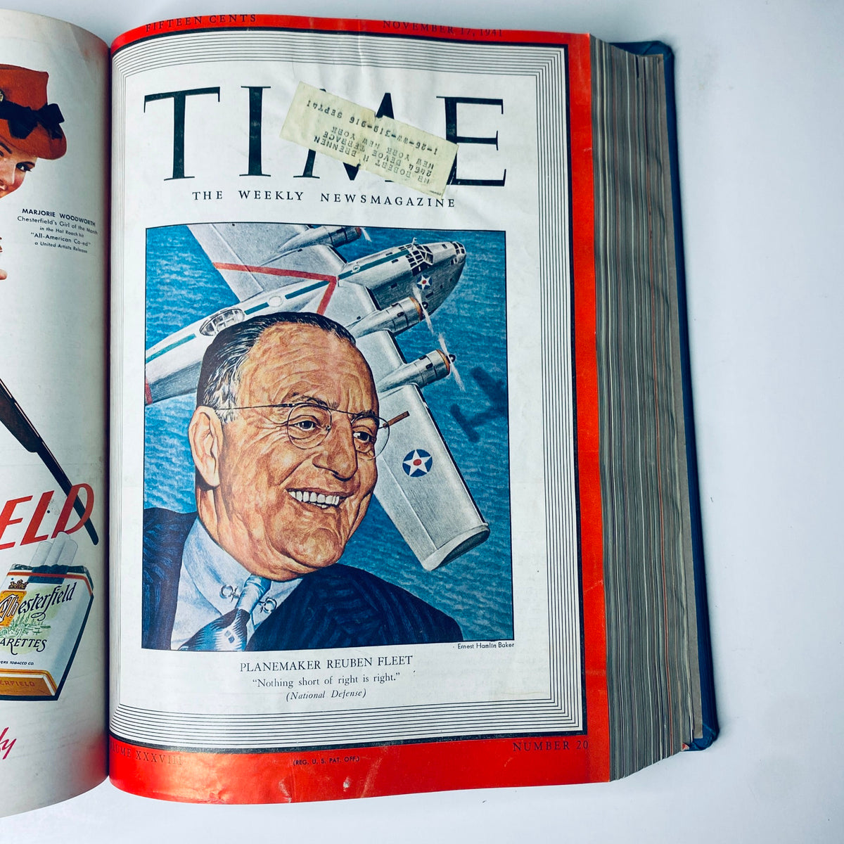 Cover of Time Magazine dated November 17, 1941 depicting Reuben Fleet, a notable planemaker, with an airplane highlighting his contributions to national defense.