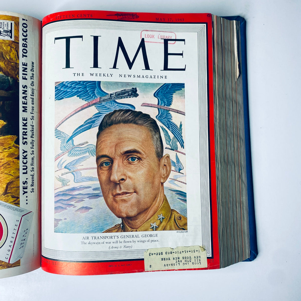 Time Magazine Library Bound Weekly April 5, 1943 - June 28, 1943 featuring Major General Harold L. George on the cover, highlighting his role in air transport during World War II, with imagery of aircraft in the background.
