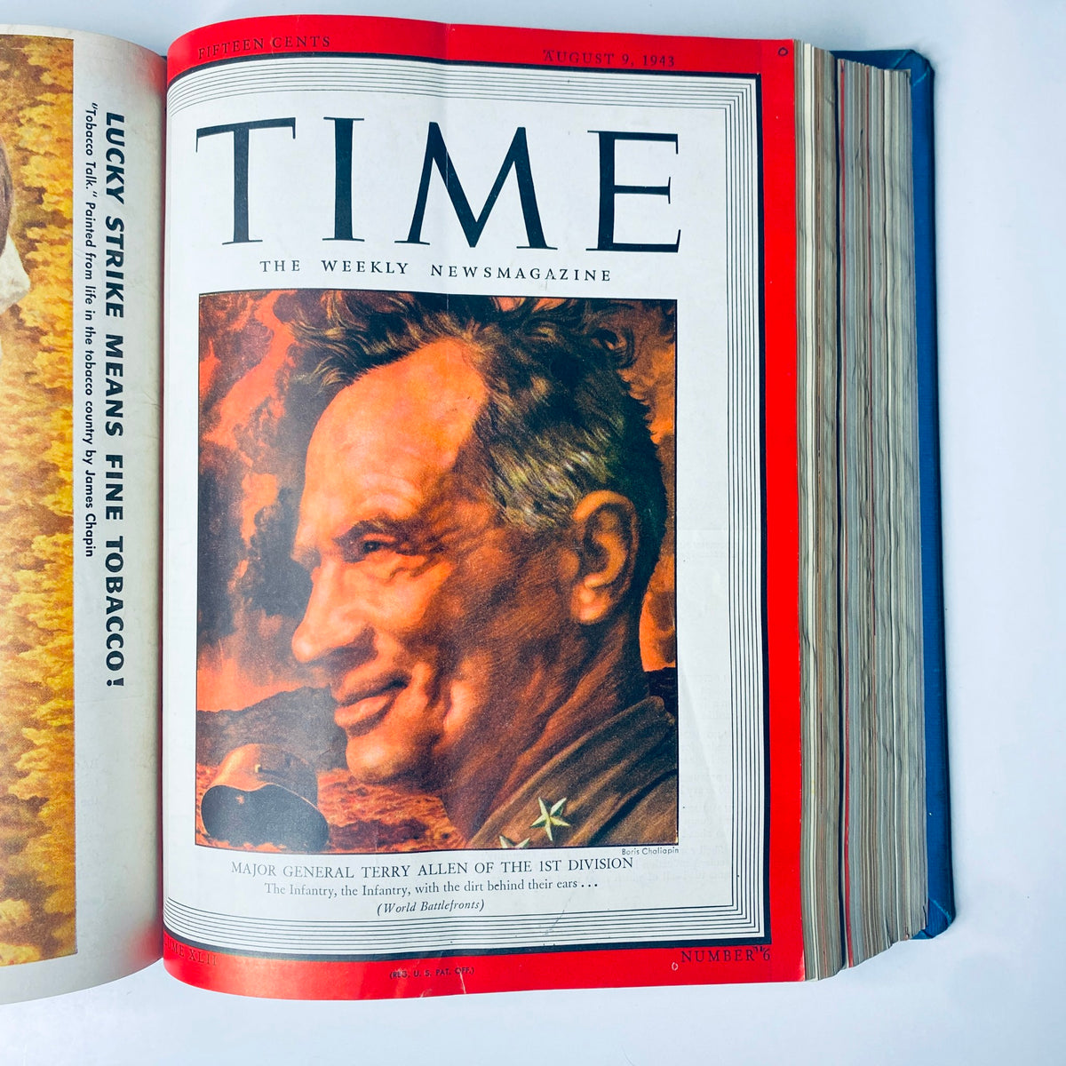 Cover of 'Time Magazine' dated August 9, 1943, showcasing Major General Terry Allen of the 1st Division, emphasizing military leadership during World War II.