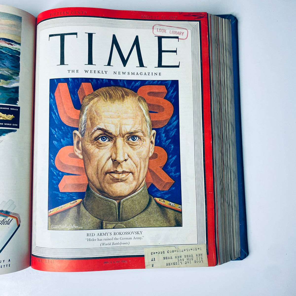 Cover of 'Time Magazine' dated August 23, 1943, featuring Marshal Konstantin Rokossovsky of the Red Army, discussing the military strategies of World War II.