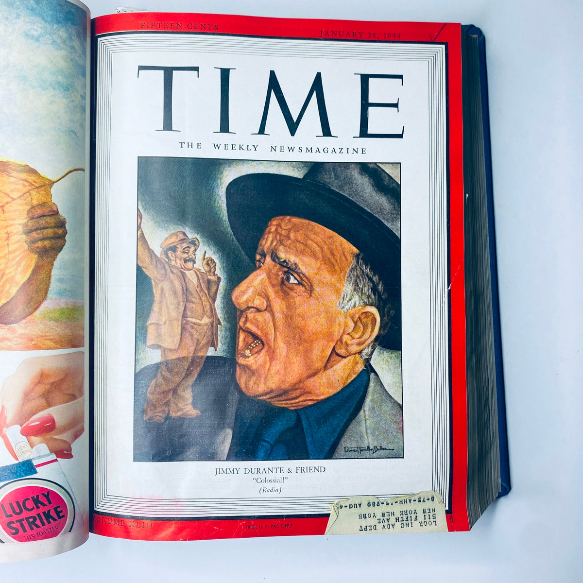 Cover of Time Library Bound Weekly Magazine – January 24, 1944, showcasing entertainer Jimmy Durante and friend.