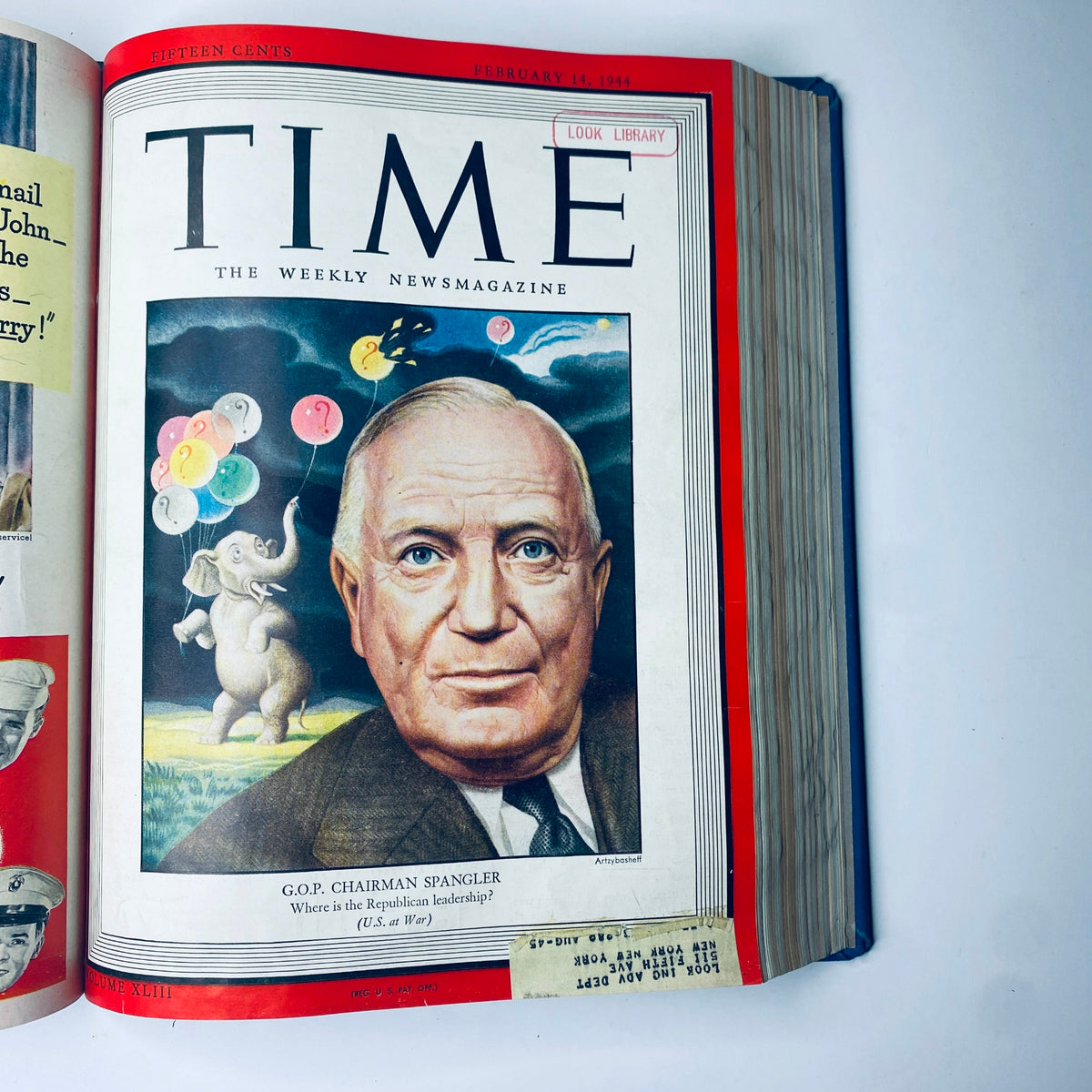 Cover page of Time Library Bound Weekly Magazine featuring GOP Chairman Spangler; dated February 14, 1944. Captures the political landscape during World War II.