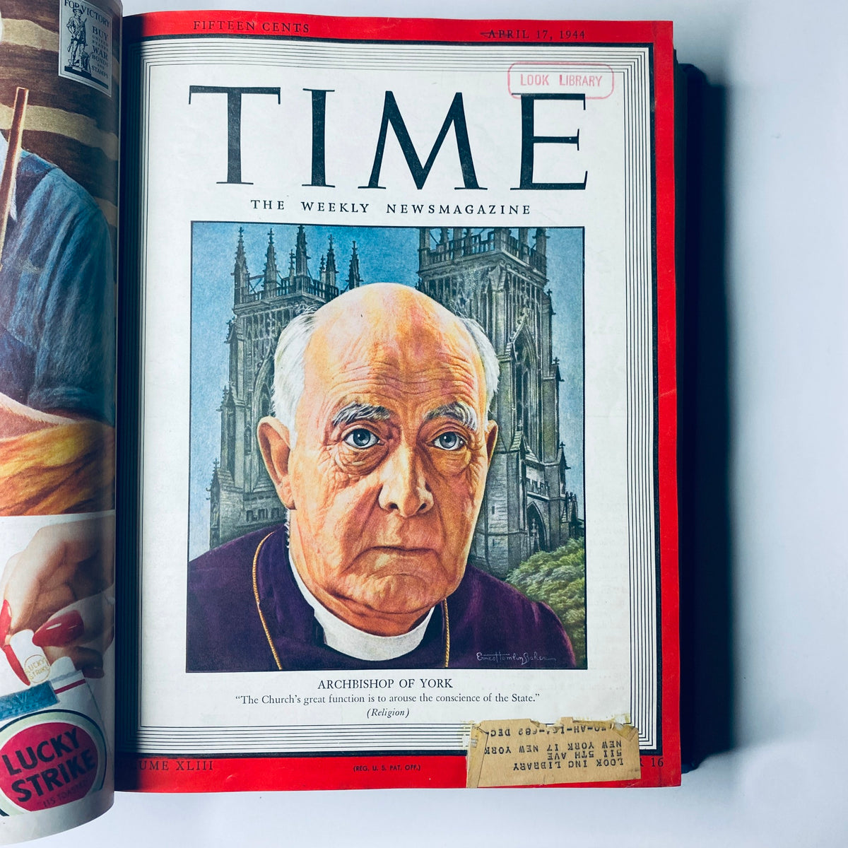 Cover of Time Magazine Library Bound Weekly April 3, 1944 - June 26, 1944 featuring Archbishop of York, April 17, 1944 edition. The cover highlights the quote: 'The Church’s great function is to arouse the conscience of the State.' Background includes a historical church.