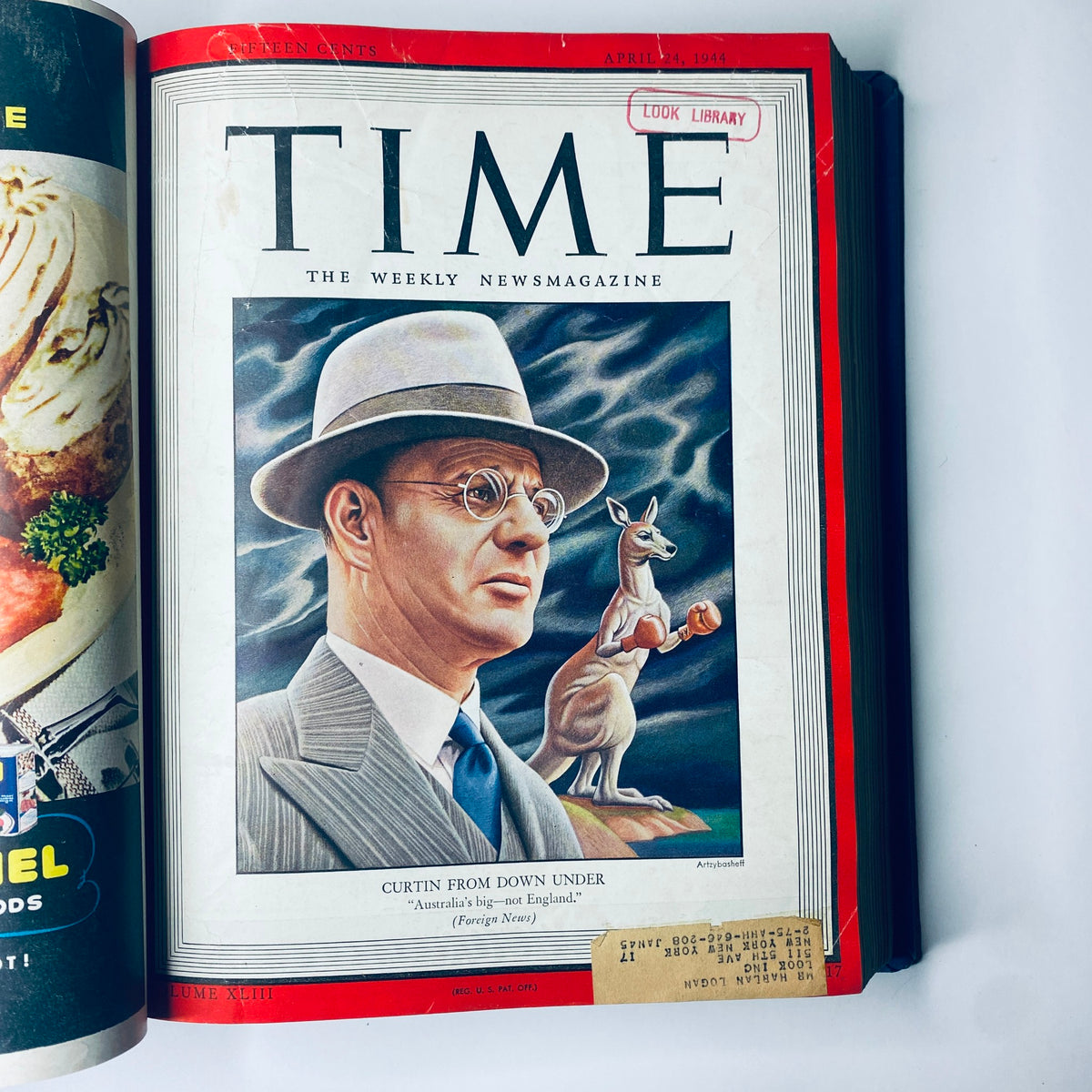 Cover of Time Magazine Library Bound Weekly April 3, 1944 - June 26, 1944 featuring John Curtin, Prime Minister of Australia, from April 24, 1944 edition. The illustration showcases Curtin alongside a kangaroo, with a caption discussing Australia's significance.