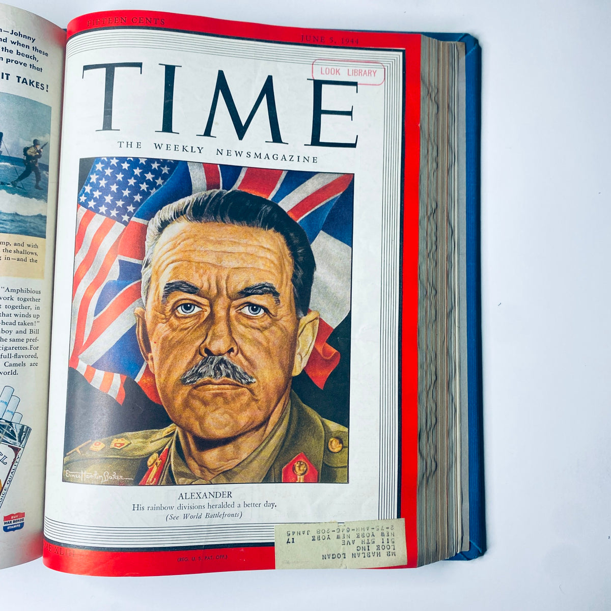 Time Magazine cover featuring General Harold Alexander, June 5, 1944. The cover showcases the military leader surrounded by flags, emphasizing his role during World War II. Part of the Time Library Bound Weekly from April to June 1944.