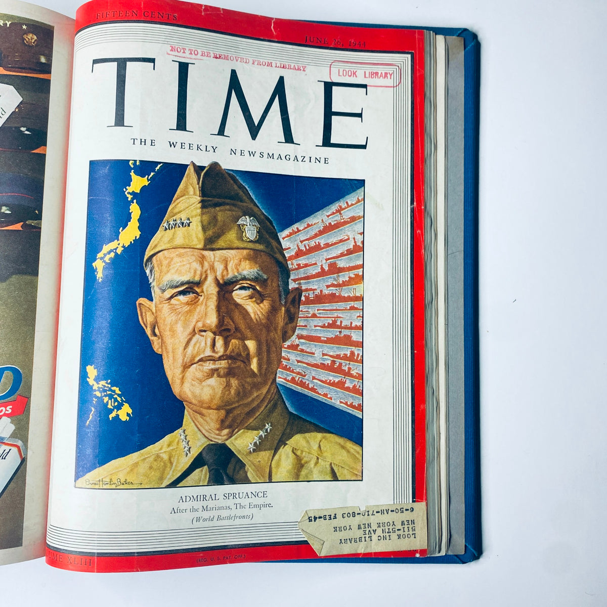 Time Magazine cover featuring Admiral Raymond A. Spruance, June 26, 1944. The cover depicts the naval commander with a background of naval forces, showcasing his leadership role. Part of the Time Library Bound Weekly from April to June 1944.
