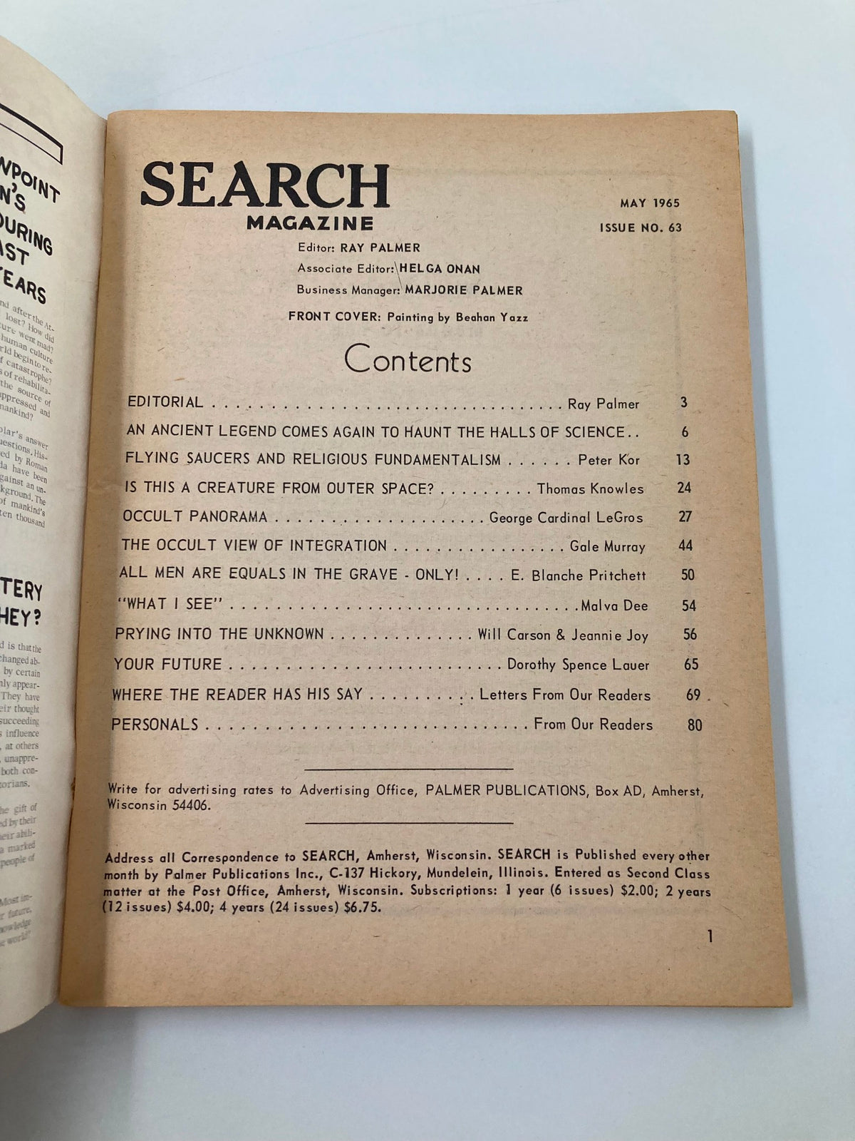 Inside page of the VTG Search Magazine from May 1965, showcasing the contents section with titles such as 'Is This a Creature from Outer Space?' and 'Prying Into the Unknown', reflecting the magazine's exploration of intriguing topics.