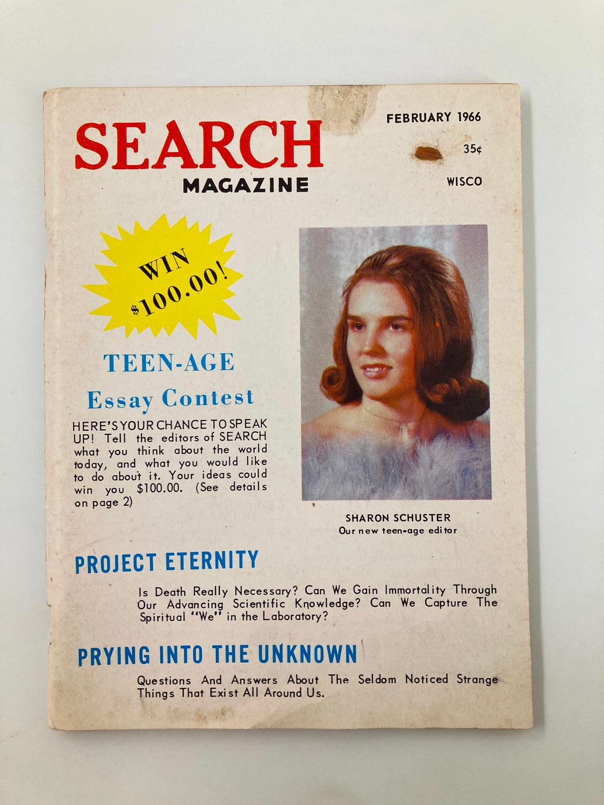 Front cover of VTG Search Magazine February 1966, issue #67 featuring Sharon Schuster as Teen-Age Editor. The cover includes promotional text for a Teen-Age Essay Contest and a vintage design representative of the 1960s.