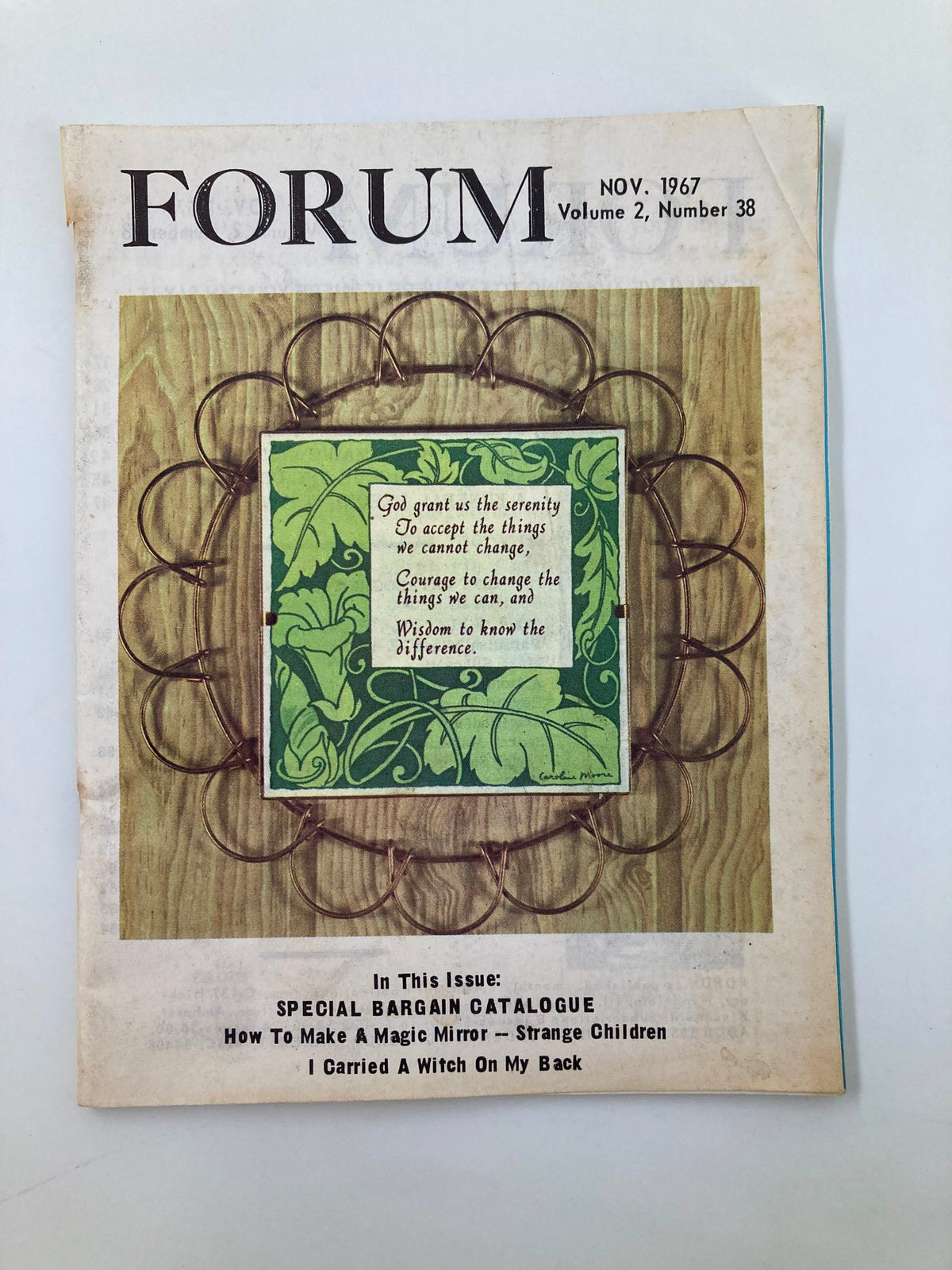 Cover of VTG Forum Magazine November 1967 Vol 2 #38 featuring a decorative design and text outlining the issue's features, including 'How To Make A Magic Mirror'.