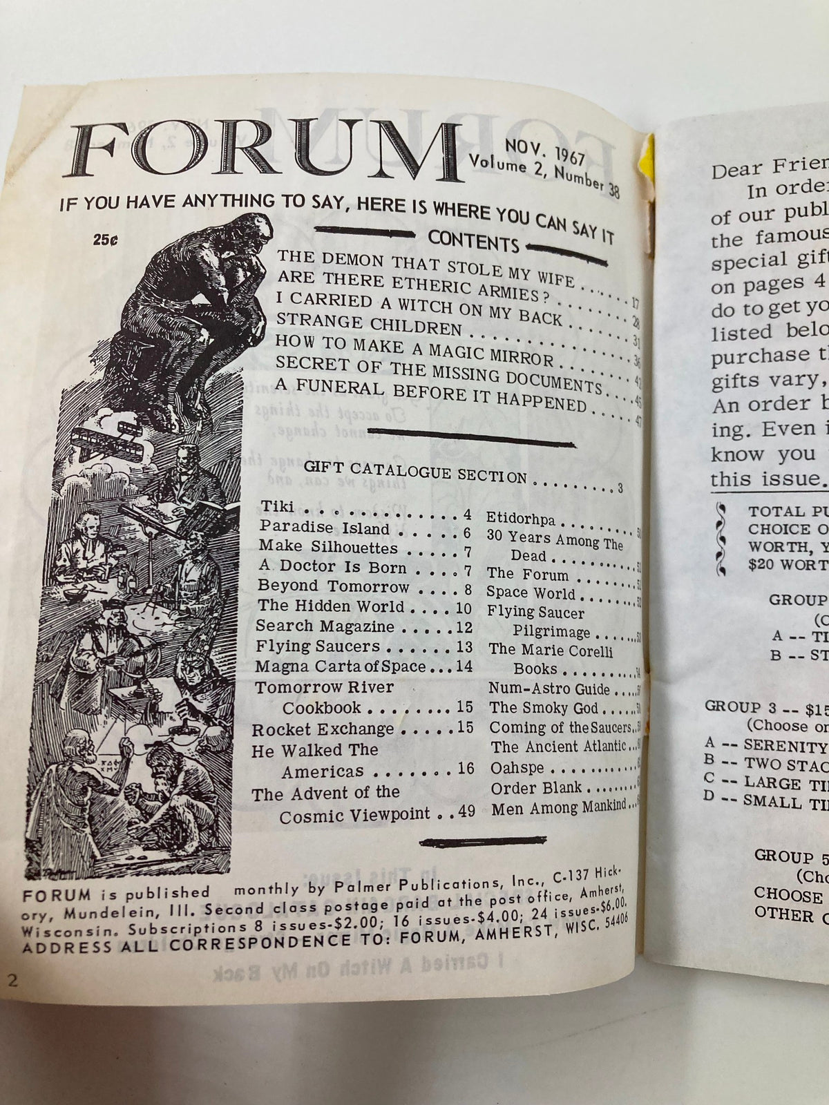 Contents page of VTG Forum Magazine November 1967, Volume 2, Issue 38, listing features including 'How To Make A Magic Mirror' and various articles, emphasizing the vintage publication's diverse topics.