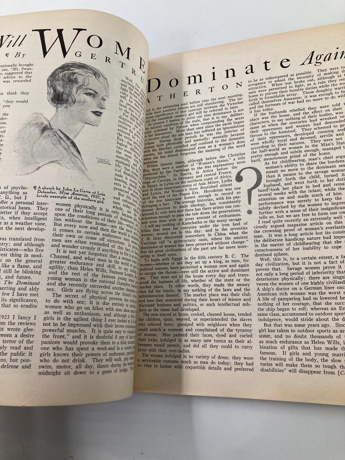 Inside page of the VTG College Humor Magazine January 1928 featuring an article titled 'Will Women Dominate Again?' accompanied by an illustration.