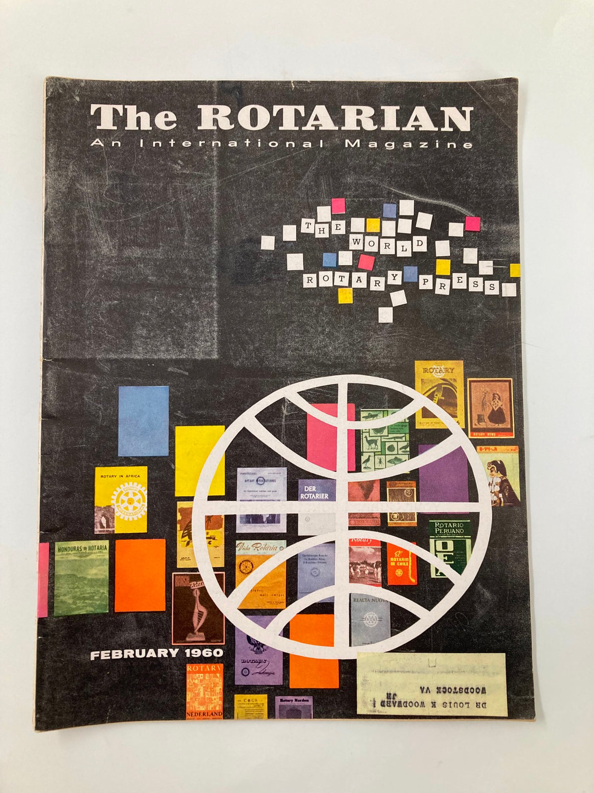 Cover of VTG The Rotarian Magazine February 1960, featuring the title 'Planned Obsolescence' - Is it Fair? The cover showcases a colorful design with various magazine covers and an iconic globe motif.