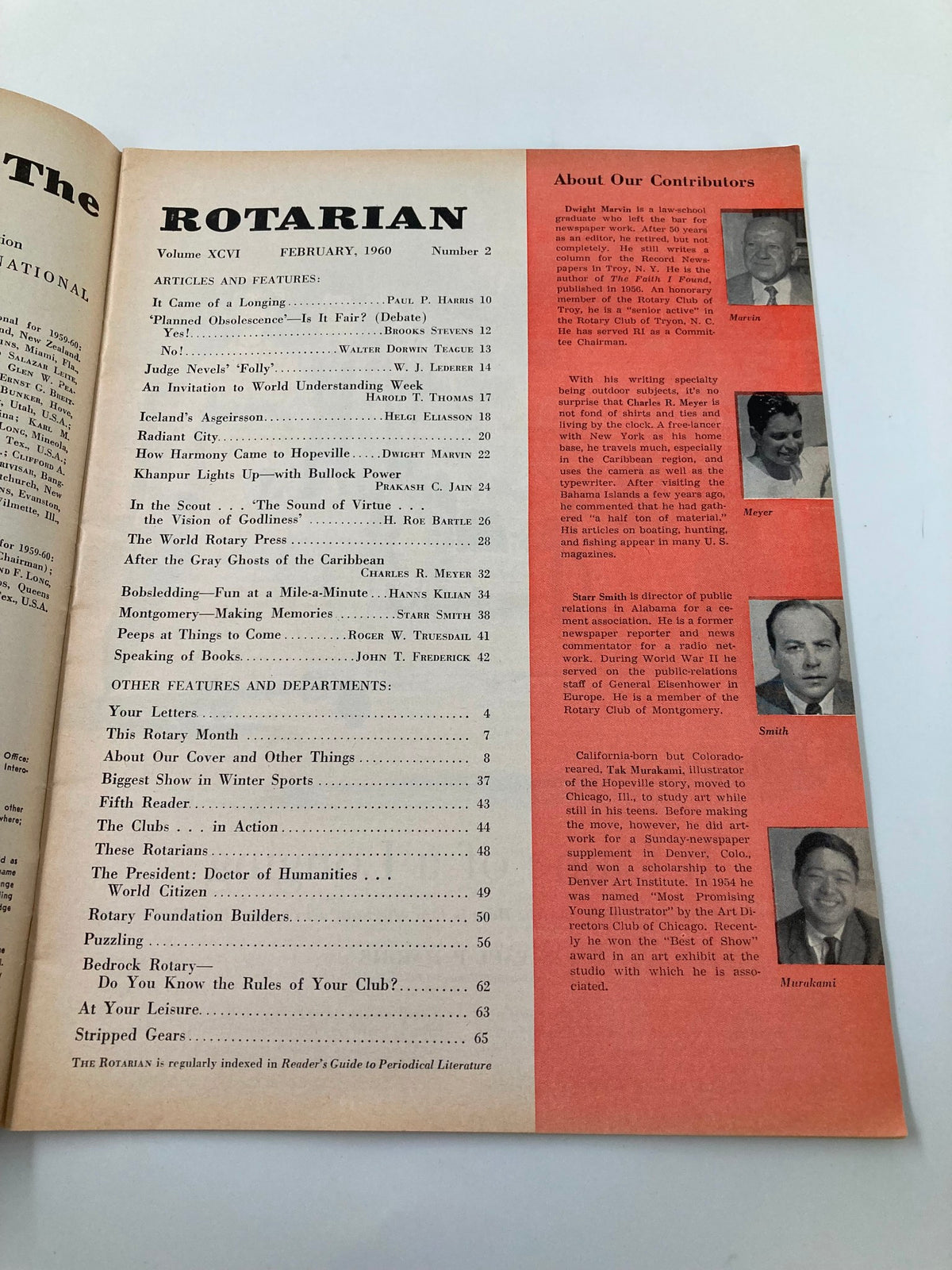 Inside page of VTG The Rotarian Magazine February 1960, presenting the table of contents, featuring articles and contributors, including the main article 'Planned Obsolescence' - Is it Fair?