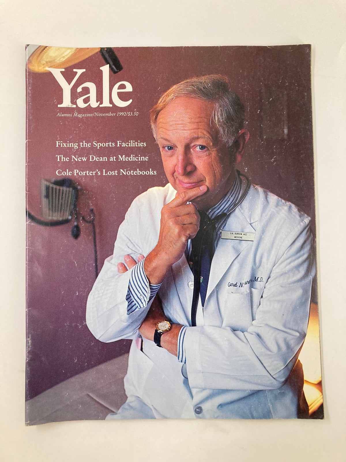 Cover of the Yale Alumni Magazine from November 1992 featuring Gerard Burrow, an alumnus of the Yale School of Medicine, highlighting stories of alumni in medicine.