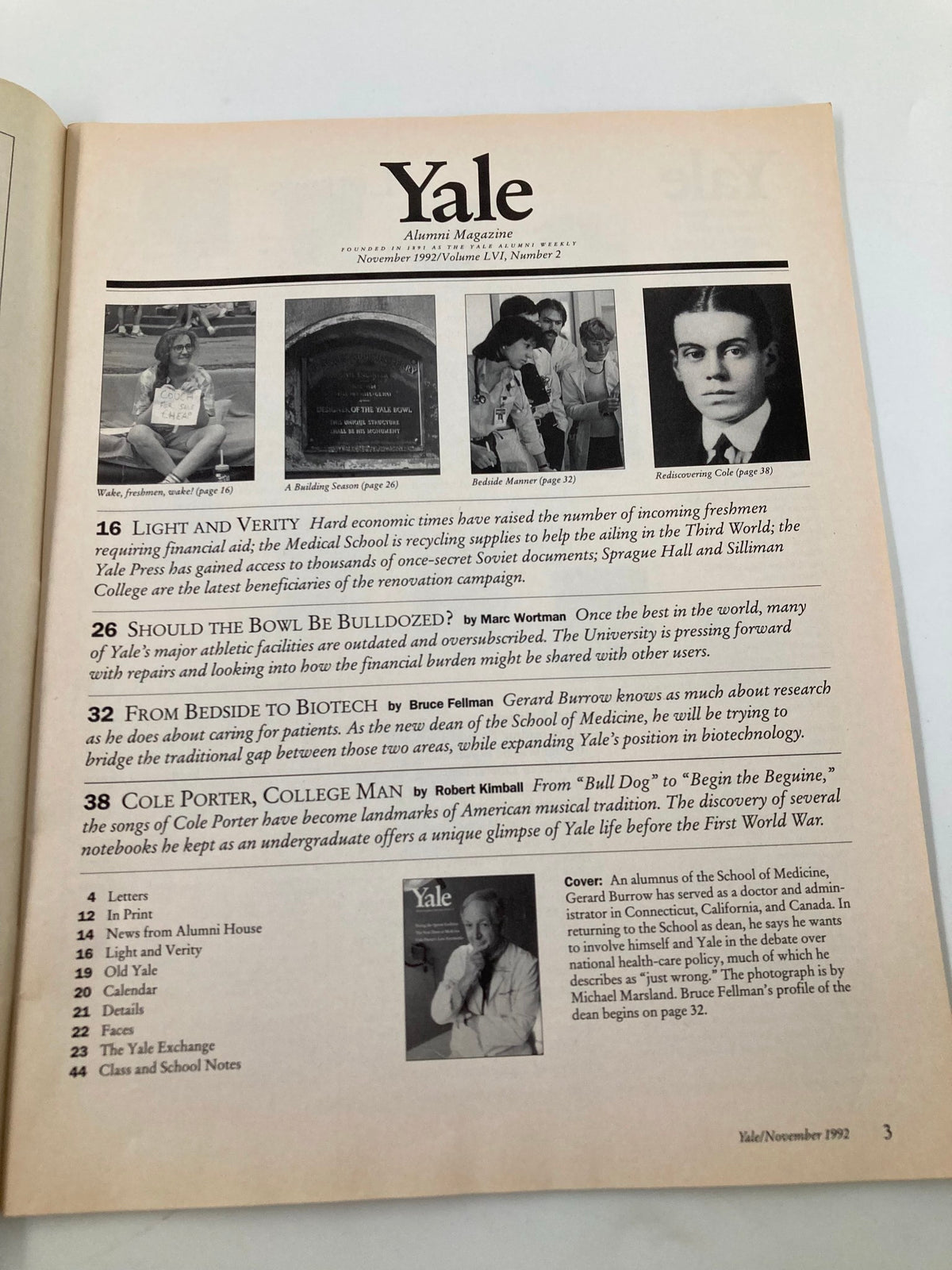Inside page of the Yale Alumni Magazine from November 1992, showcasing contents including articles about Gerard Burrow, the new dean of Medicine, and other Yale alumni.