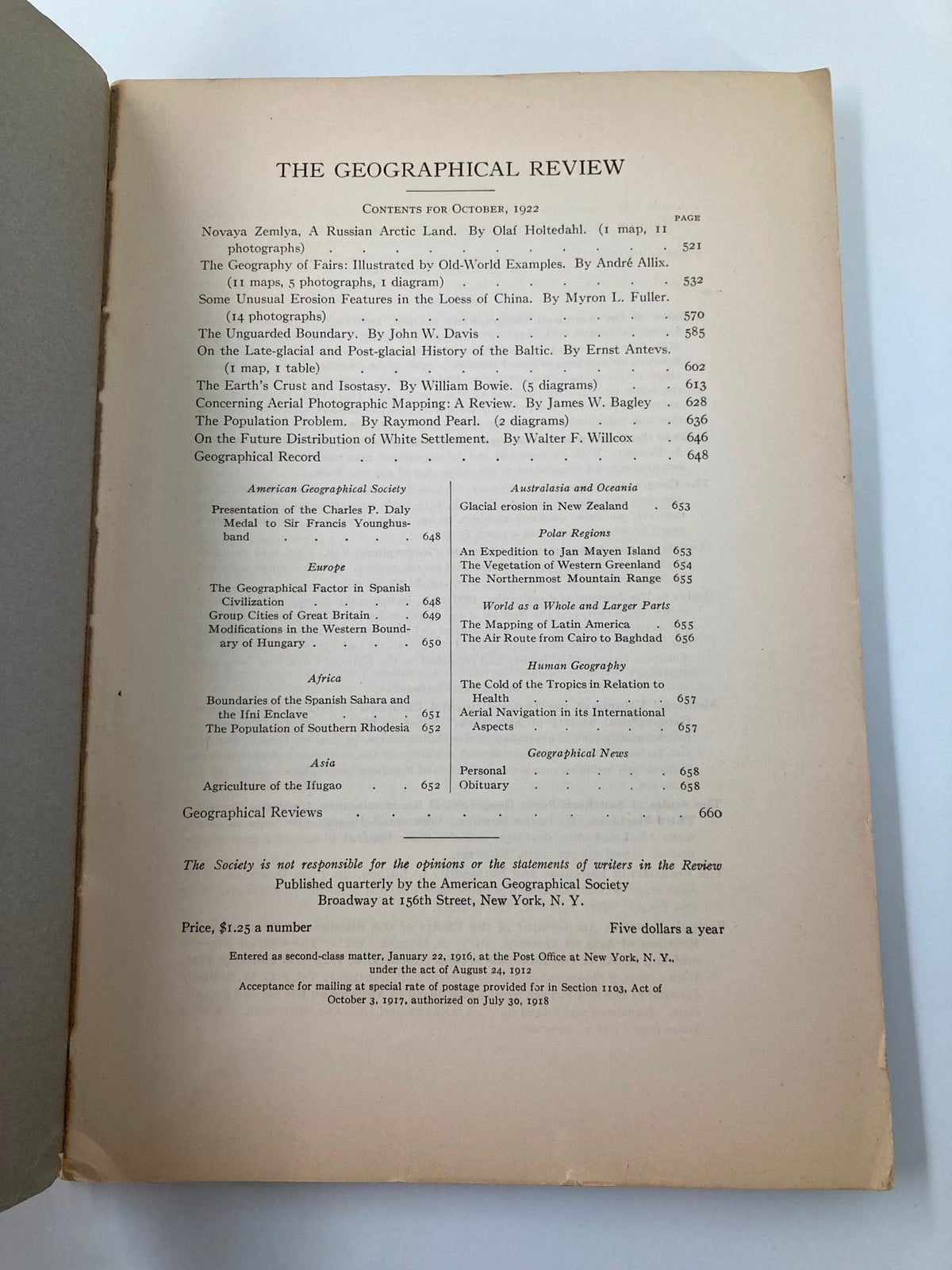 Table of contents page of The Geographical Review from October 1922, detailing the articles included in this edition.