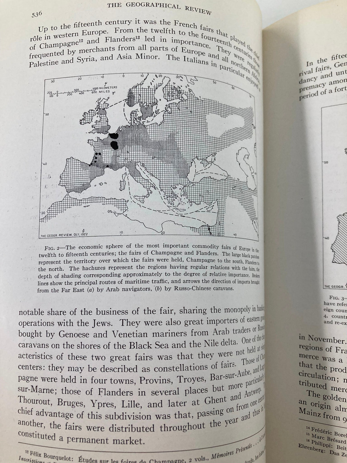 Geographical Review 1922 interior page displaying a map of Europe focusing on the economic significance of livestock fairs, highlighting historical geographical insights.