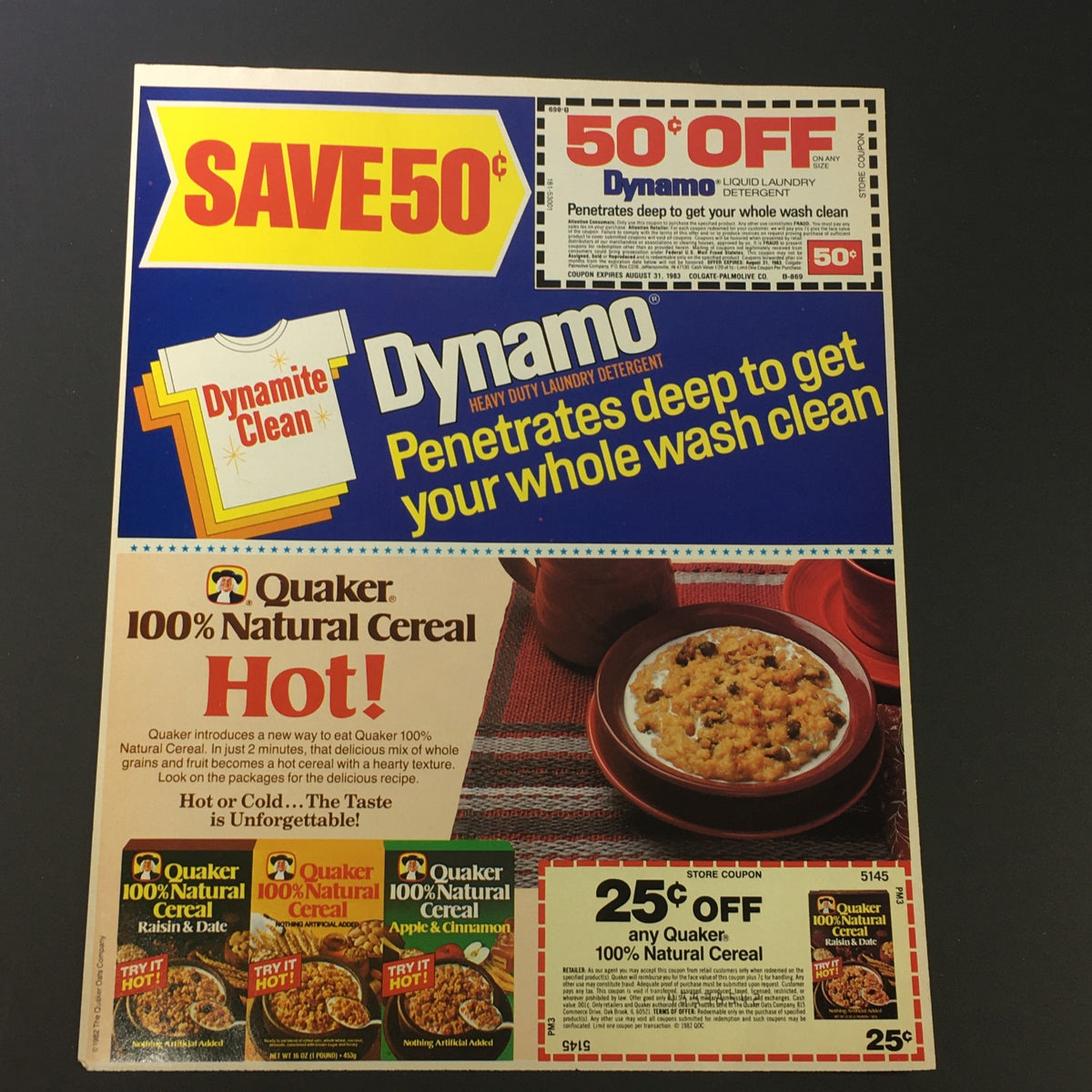 Vintage advertisement featuring a coupon for 50% off Dynamo laundry detergent and 25 cents off Quaker 100% Natural Cereal. The image highlights the savings and promotions offered on household products.