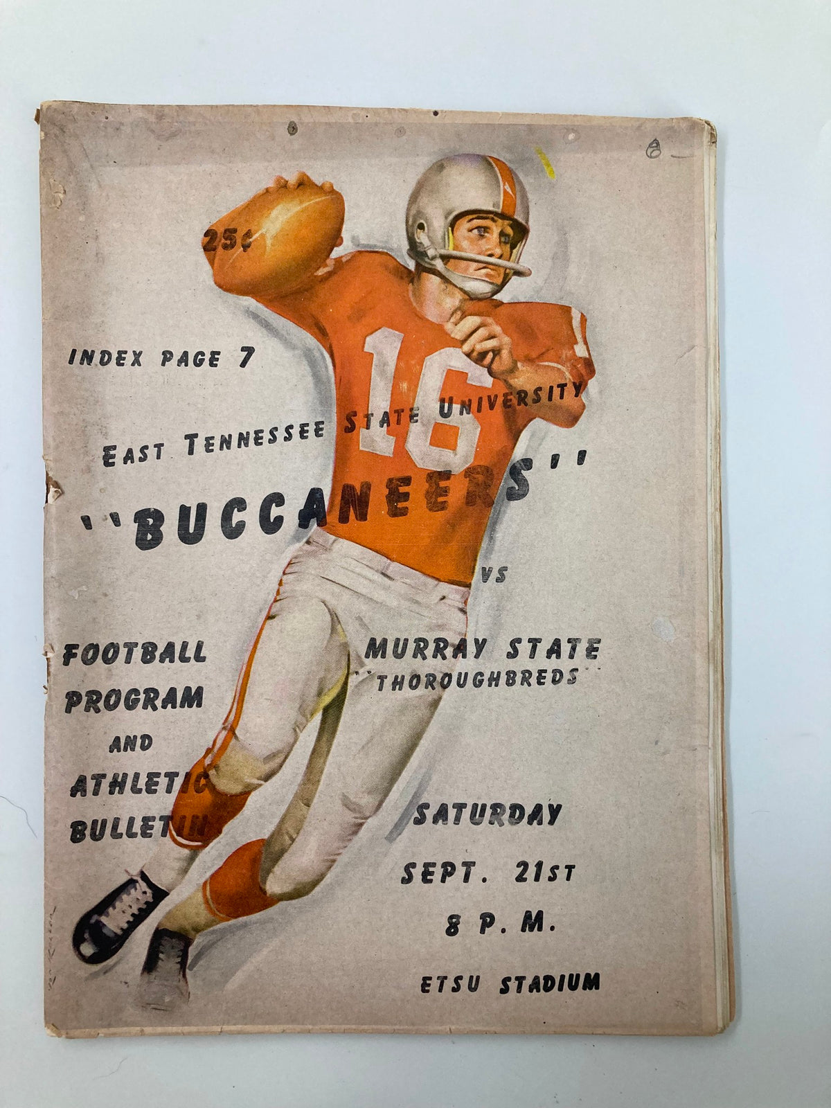 Vintage program cover from the September 21, 1963 football game featuring ETSU Buccaneers vs. Murray State Thoroughbreds, showcasing a player in action.