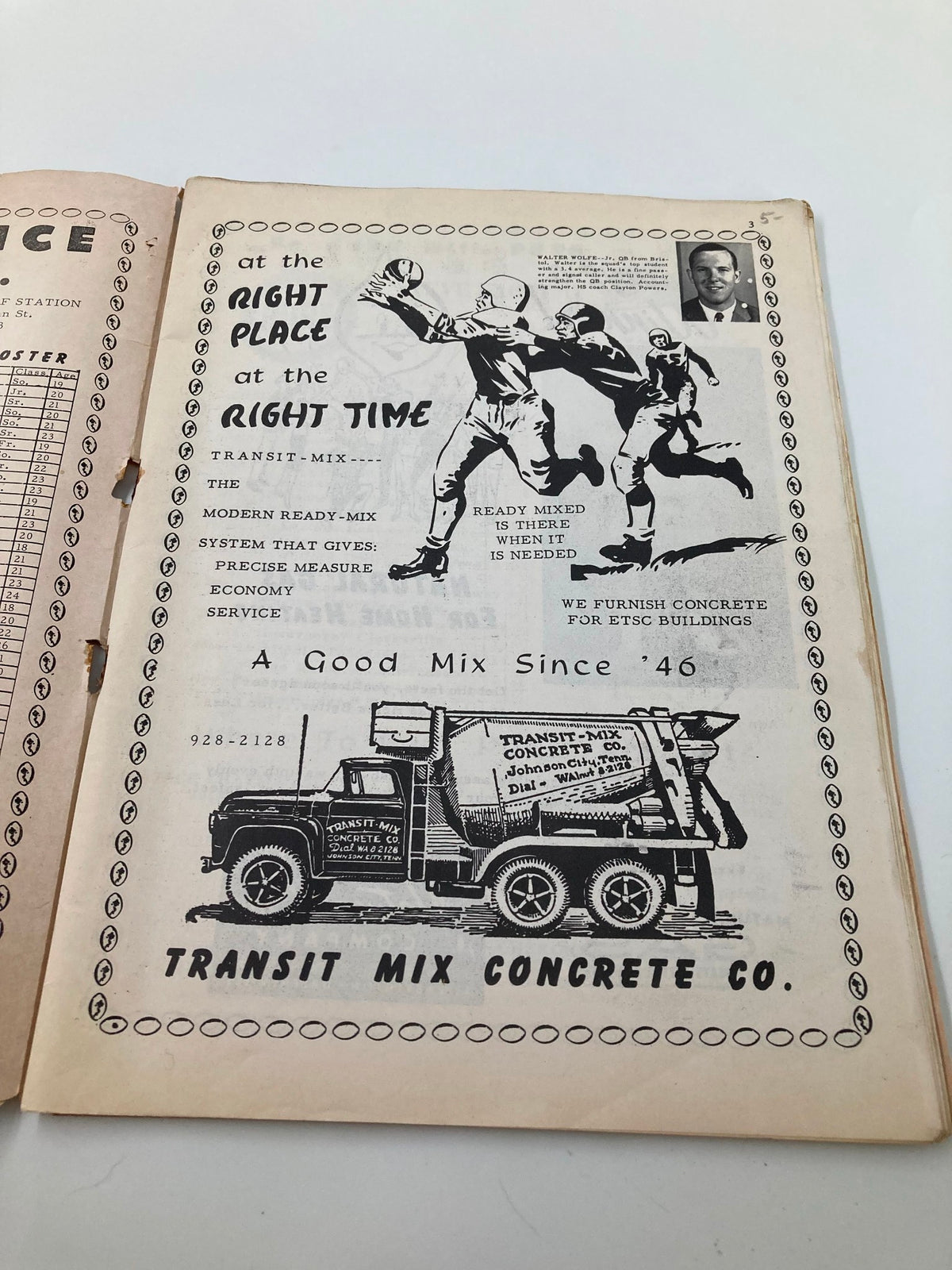 Interior page of the vintage September 21, 1963 football program featuring an advertisement, part of the collectible program for ETSU Buccaneers vs. Murray State Thoroughbreds.