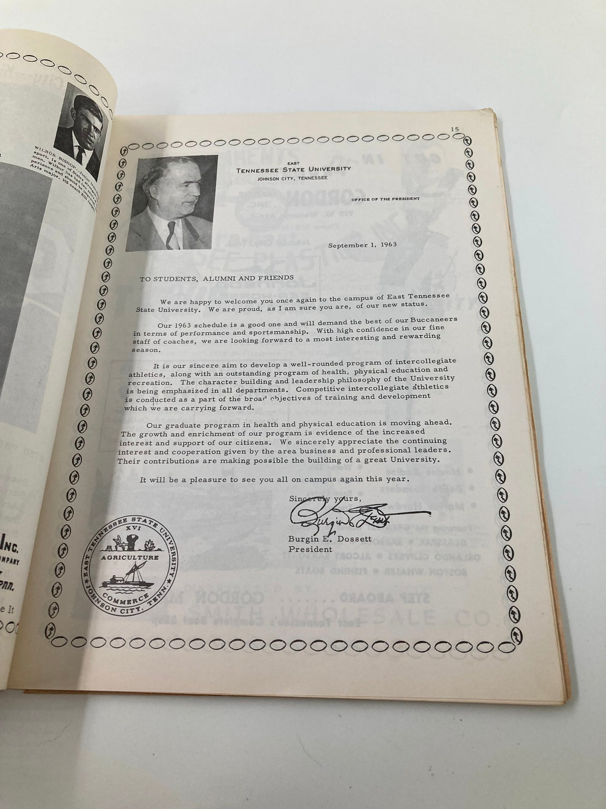 Letter from the president of East Tennessee State University dated September 1963, included in the September 21 1963 Football ETSU Buccaneers vs Murray State Thoroughbreds Program.