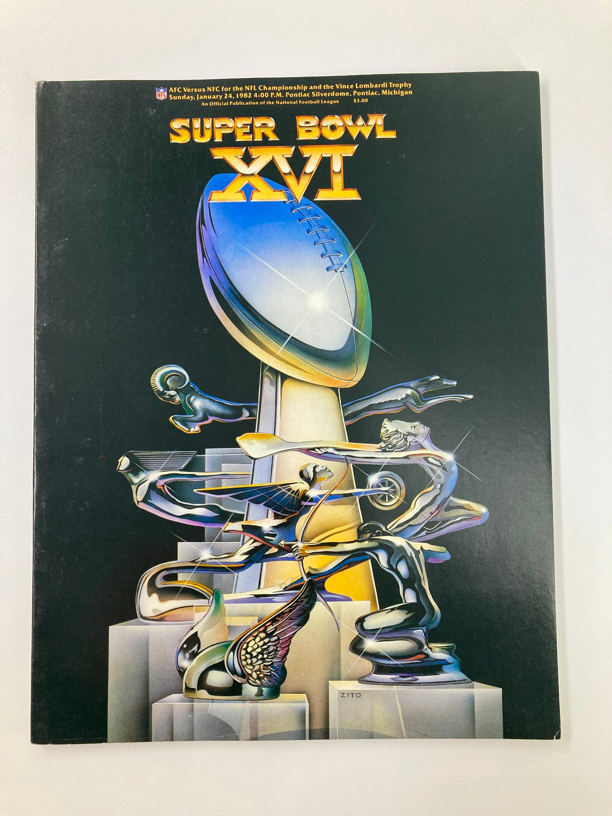 Cover of the January 24 1982 AFC vs NFC NFL Championship Super Bowl XVI Official Program featuring artistic illustration of football players and the Vince Lombardi Trophy.