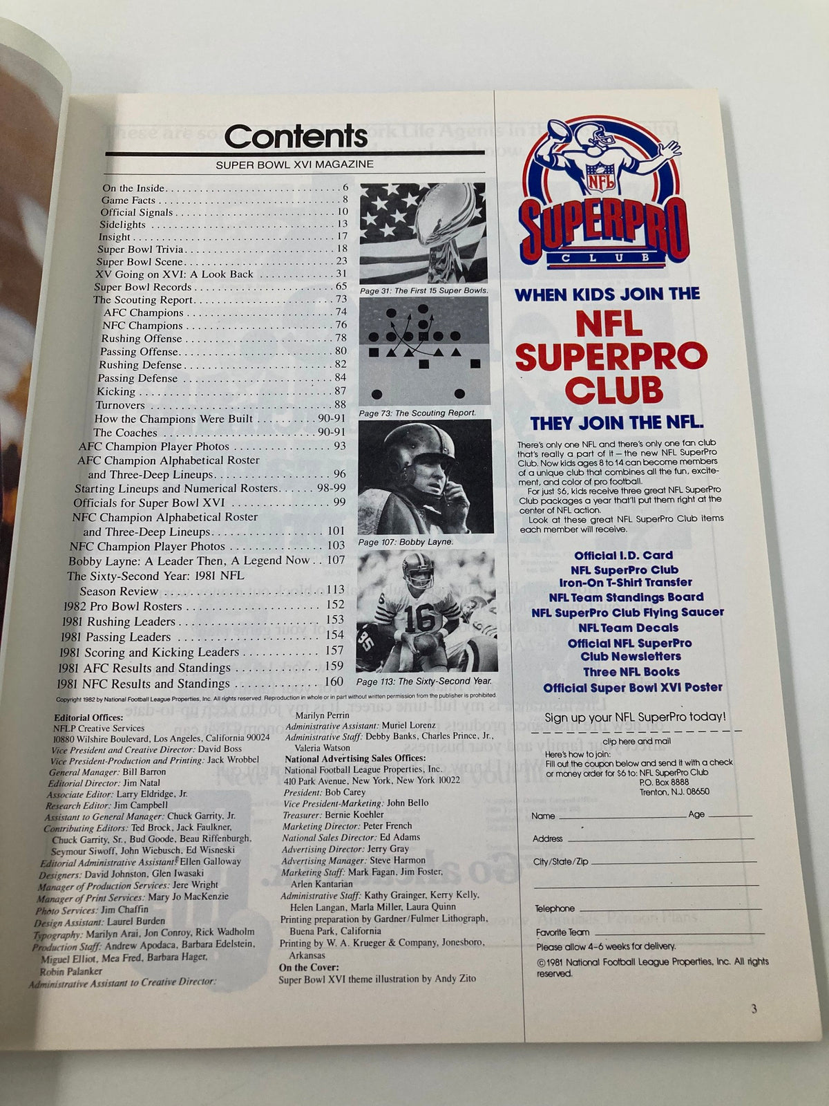 Contents page from the January 24 1982 AFC vs NFC NFL Championship Super Bowl XVI Official Program, detailing articles and features within the magazine.