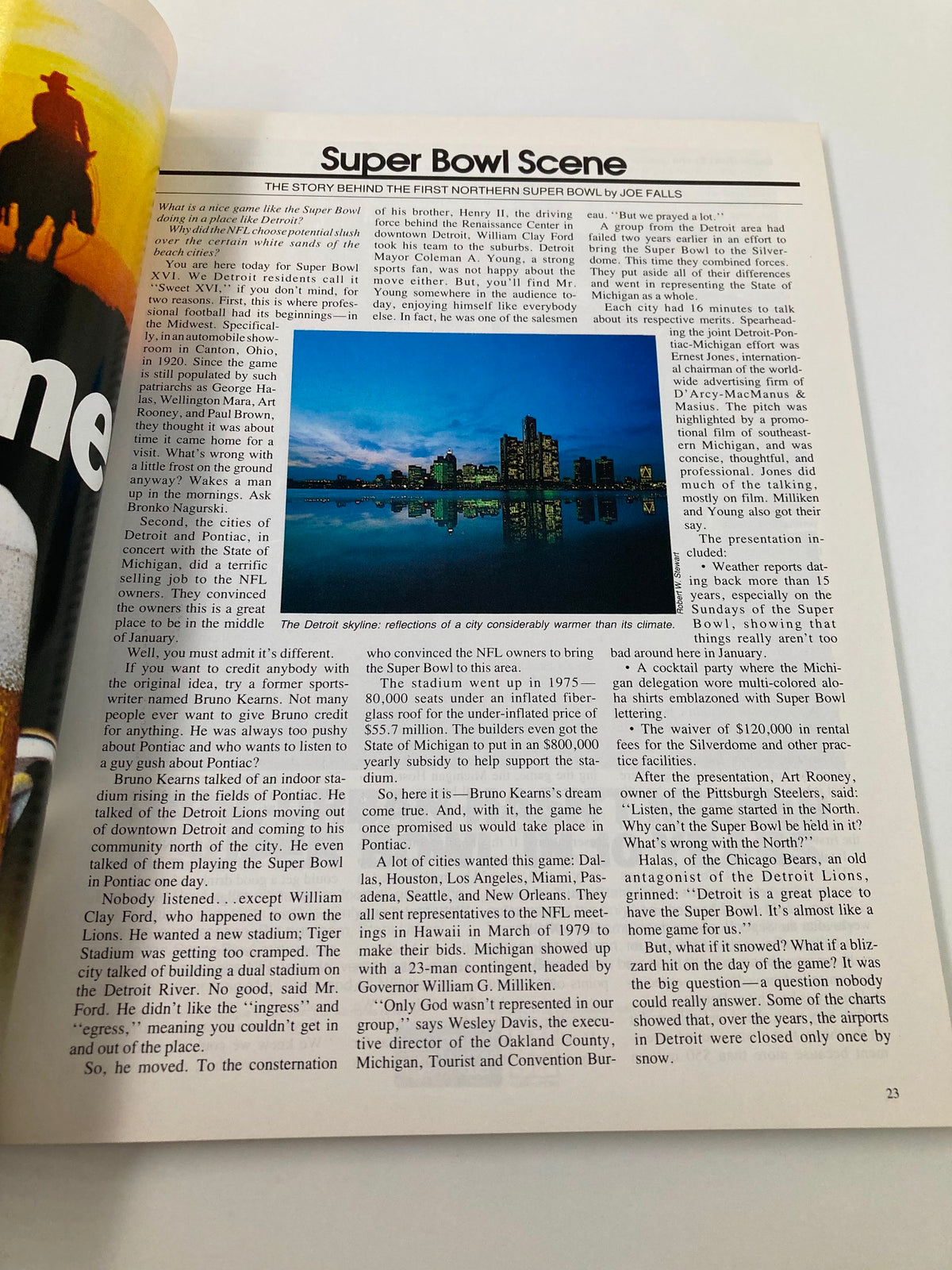 Super Bowl Scene article from the January 24 1982 AFC vs NFC NFL Championship Super Bowl XVI Official Program, discussing the events surrounding the first Northern Super Bowl held in Detroit.