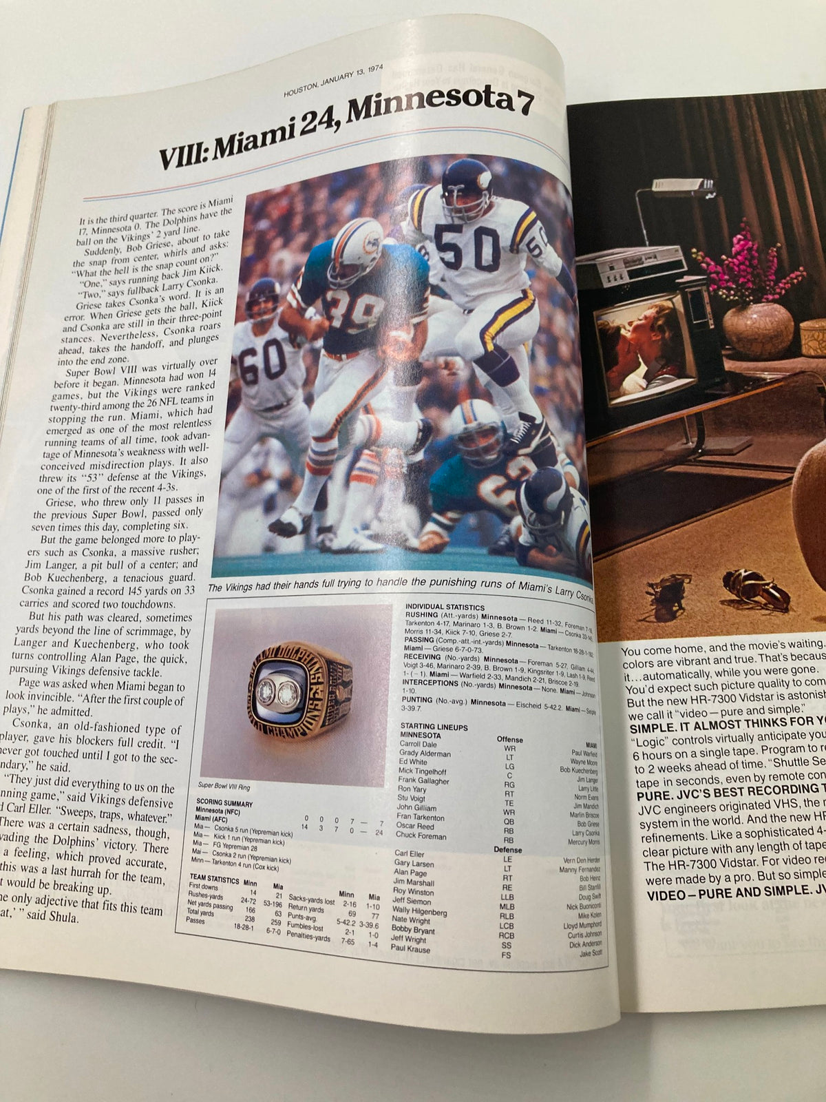 Statistical summary of Super Bowl VIII from the January 24 1982 AFC vs NFC NFL Championship Super Bowl XVI Official Program, featuring game results and player statistics.