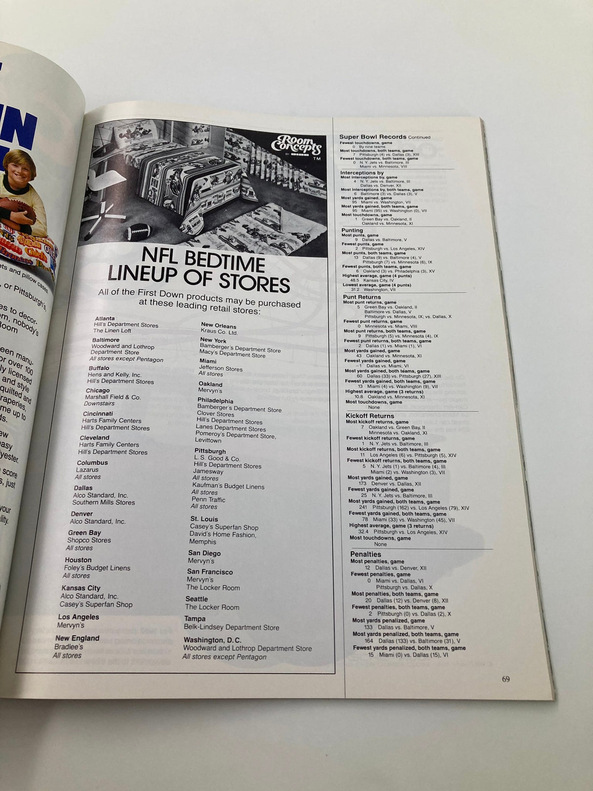 January 24 1982 AFC vs NFC NFL Championship Super Bowl XVI Official Program showcasing a page with NFL merchandise stores and statistics related to Super Bowl records.