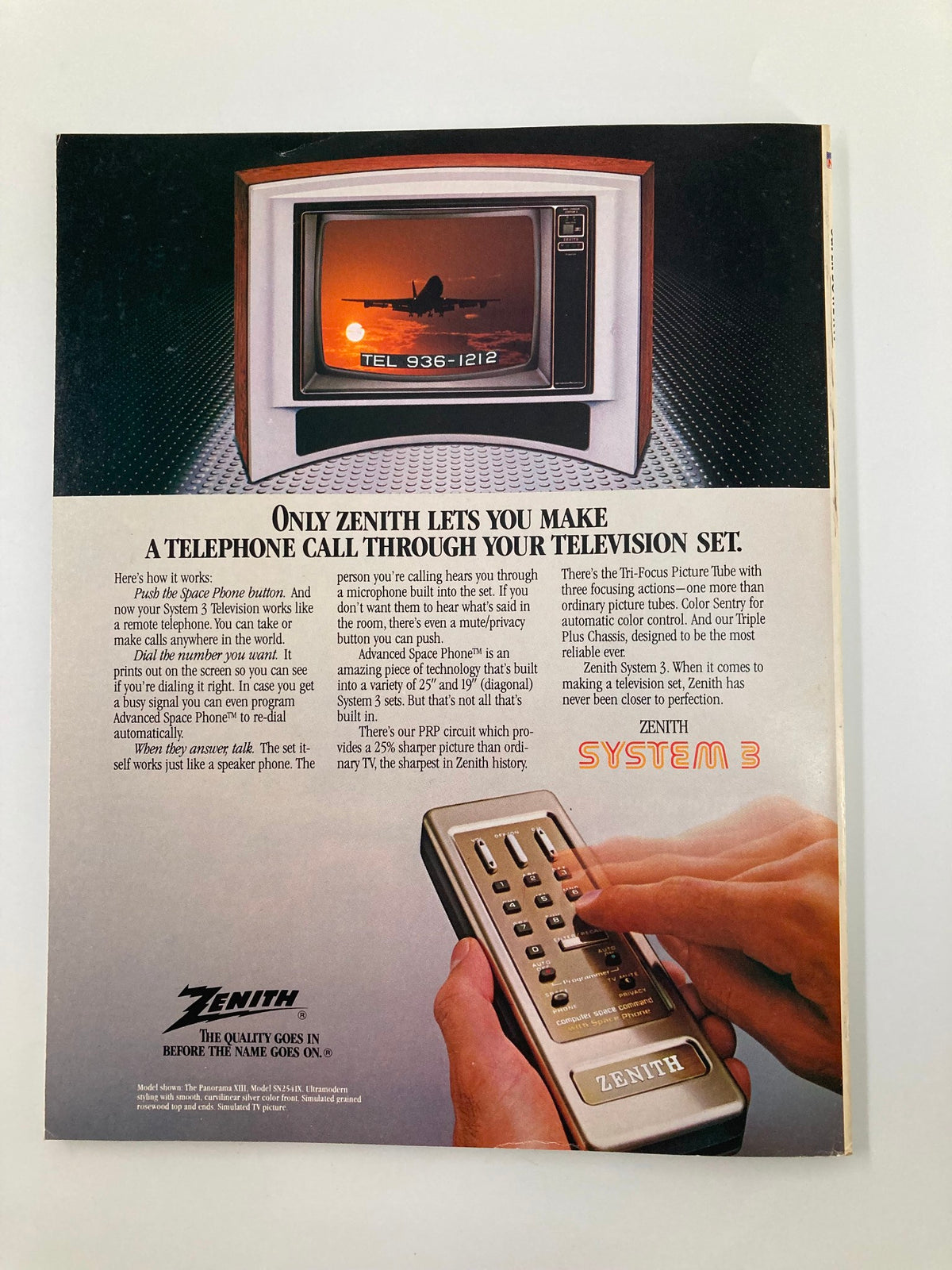 Advertisement for Zenith television featuring an innovative phone capability, as found in the January 24, 1982 AFC vs NFC NFL Championship Super Bowl XVI Official Program.