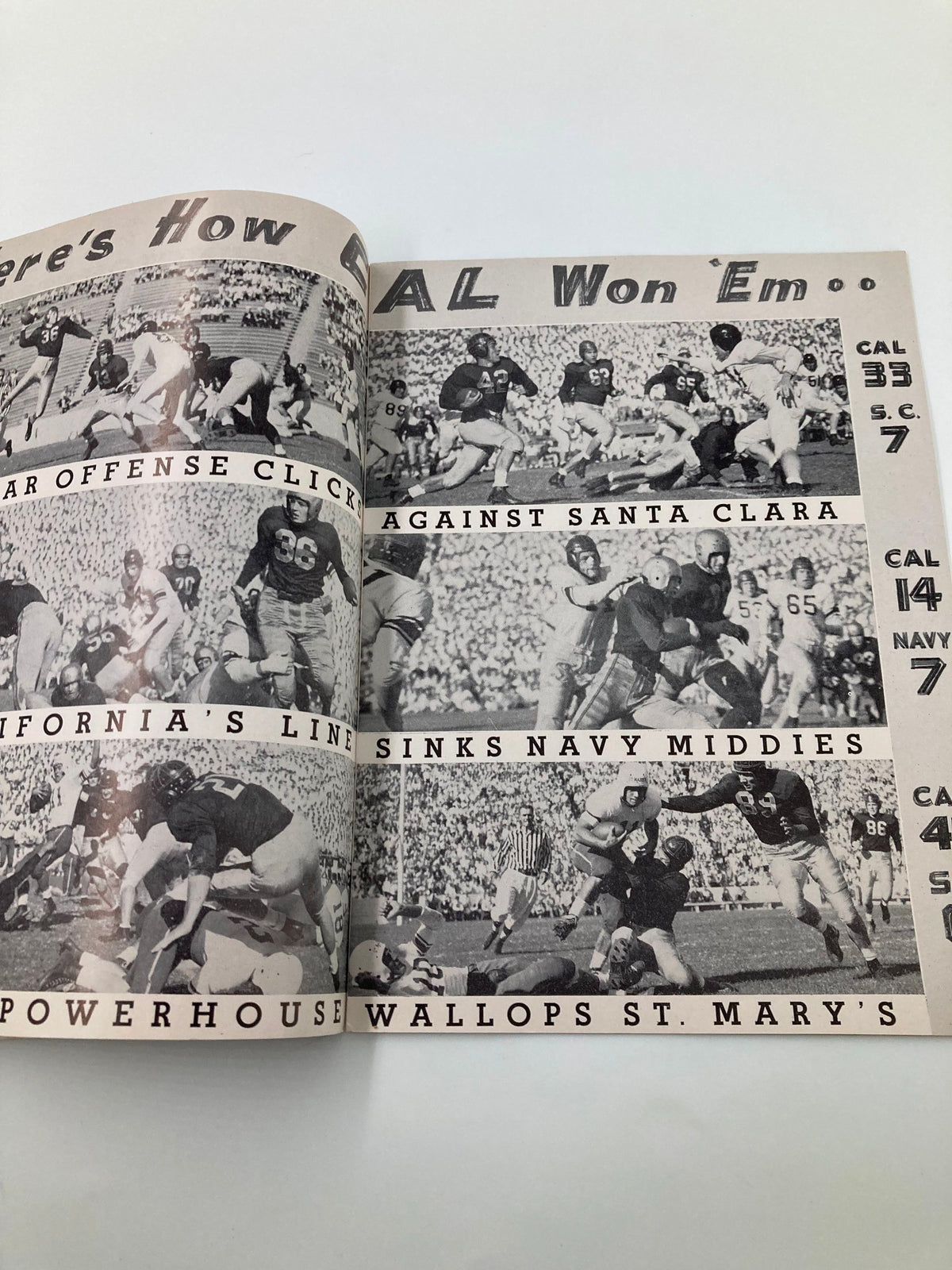 Interior spread from the October 18, 1947 Football Official Program detailing California's notable game highlights against various opponents.