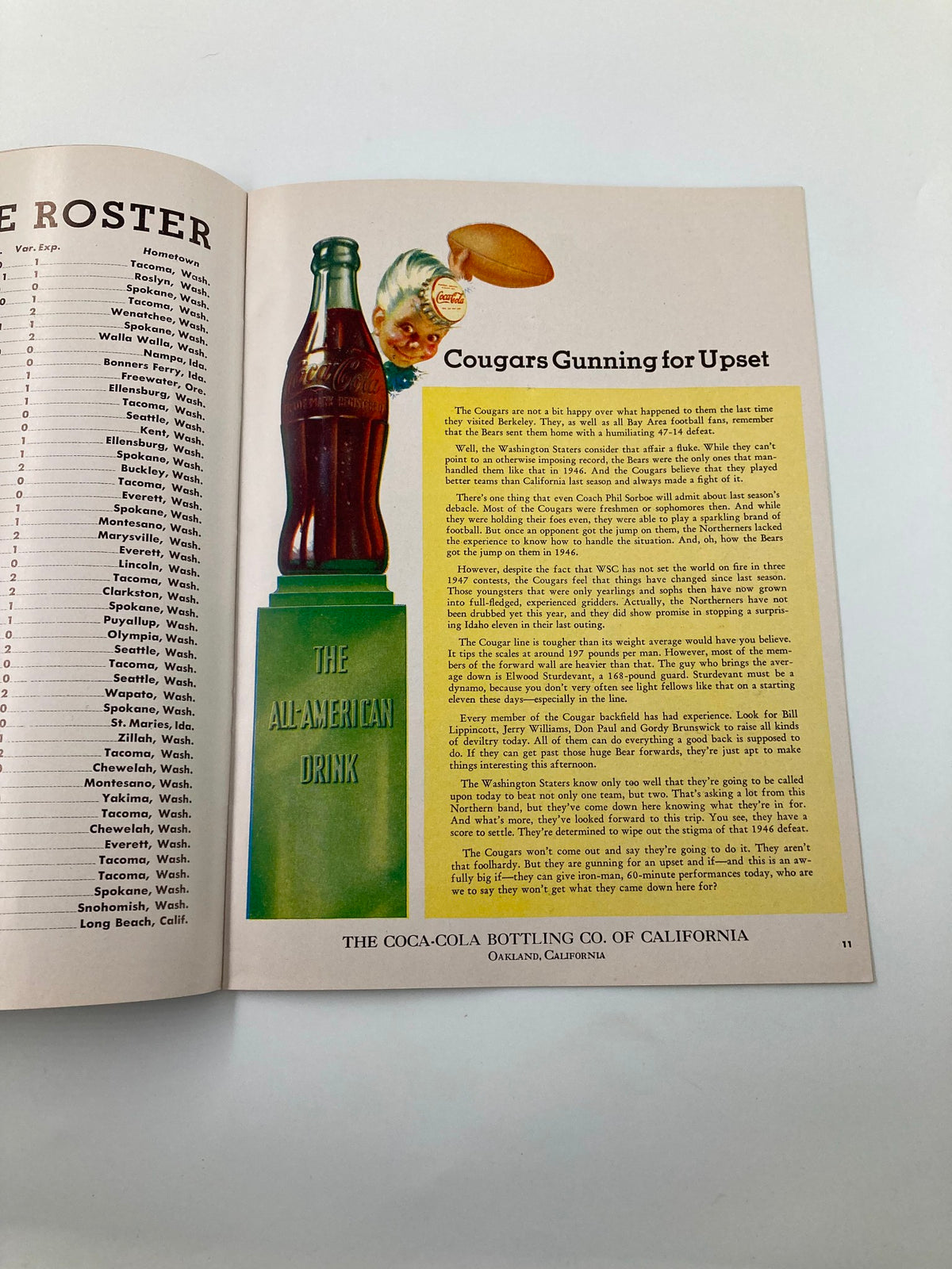 Page from the October 18, 1947 Football Washington State v California Gridiron Official Program showcasing the game roster and Coca-Cola advertisement.